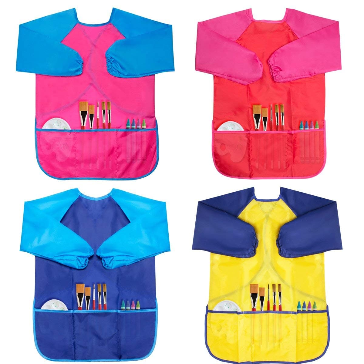 Kids Art Smocks 4 Pack Painting Apron Waterproof Artist Smock with Long Sleeve and 3 Pockets for Age 3-8 Years