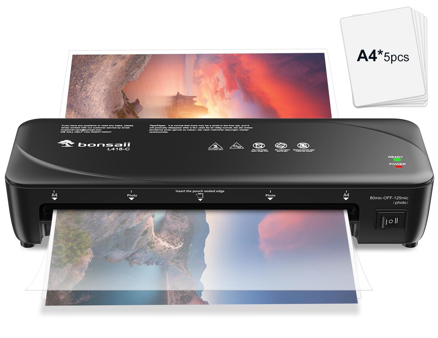 Bonsaii A4 Laminator Machine with Never Jam Technology, Dual Heat Settings, High-Speed Laminating, Max 230mm Width (A4 Size) - Ideal for Home, Office, and School Use,Black (L418-C)