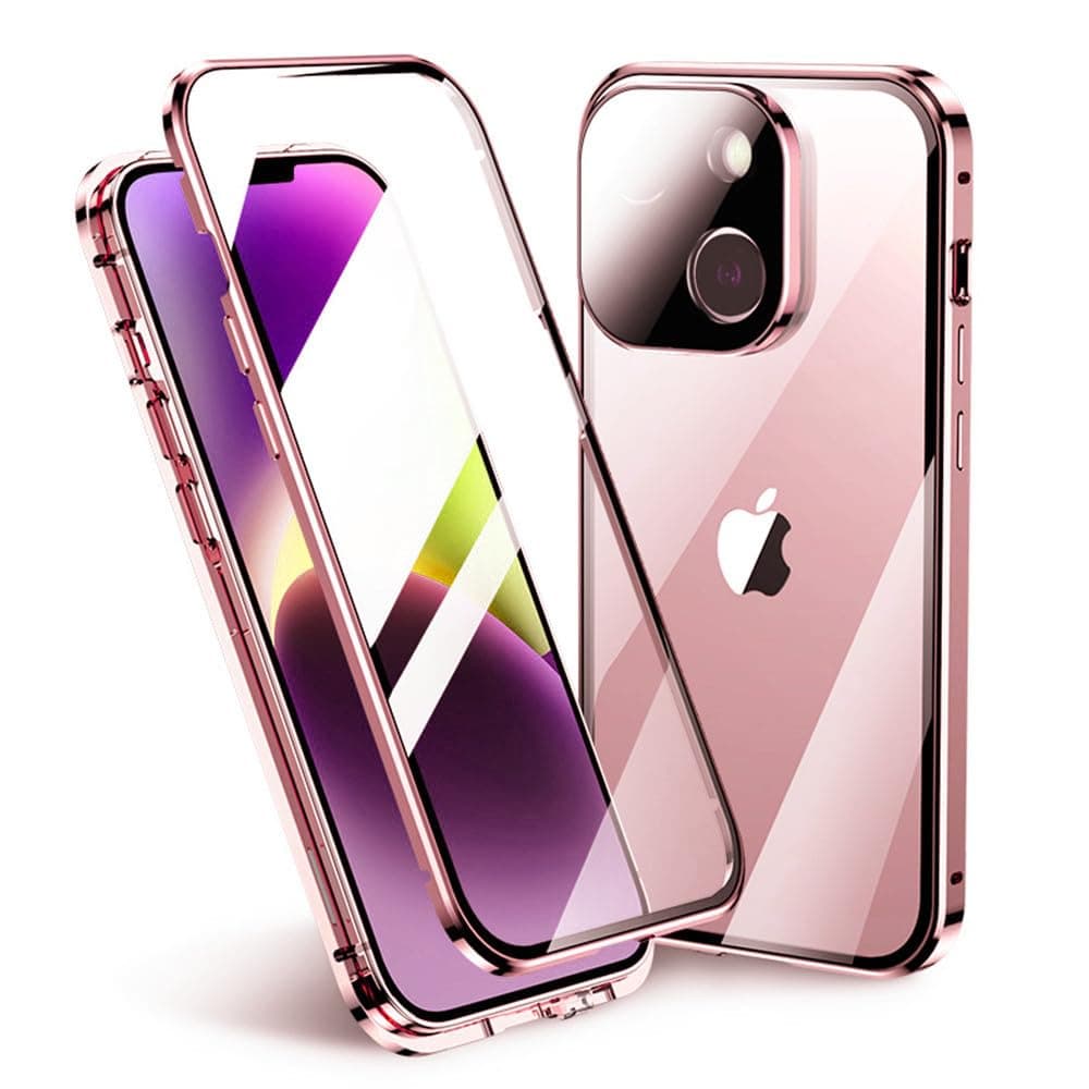 Lockable Magnetic Case for iPhone 15 Plus with Safety Lock Screen Protector Camera Lens Protector Double-Sided Glass 360° Full Body Bumper Cover Clear Case (15Plus, Pink)