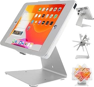 CarrieCathy Desktop Anti-Theft Security Kiosk POS Stand Holder Enclosure for Tablets, Compatible with 10.2" iPads (2021, 2020, 2019, 2018) 7th 8th 9th Gen, Flip & 360° Swivel Design, Silver