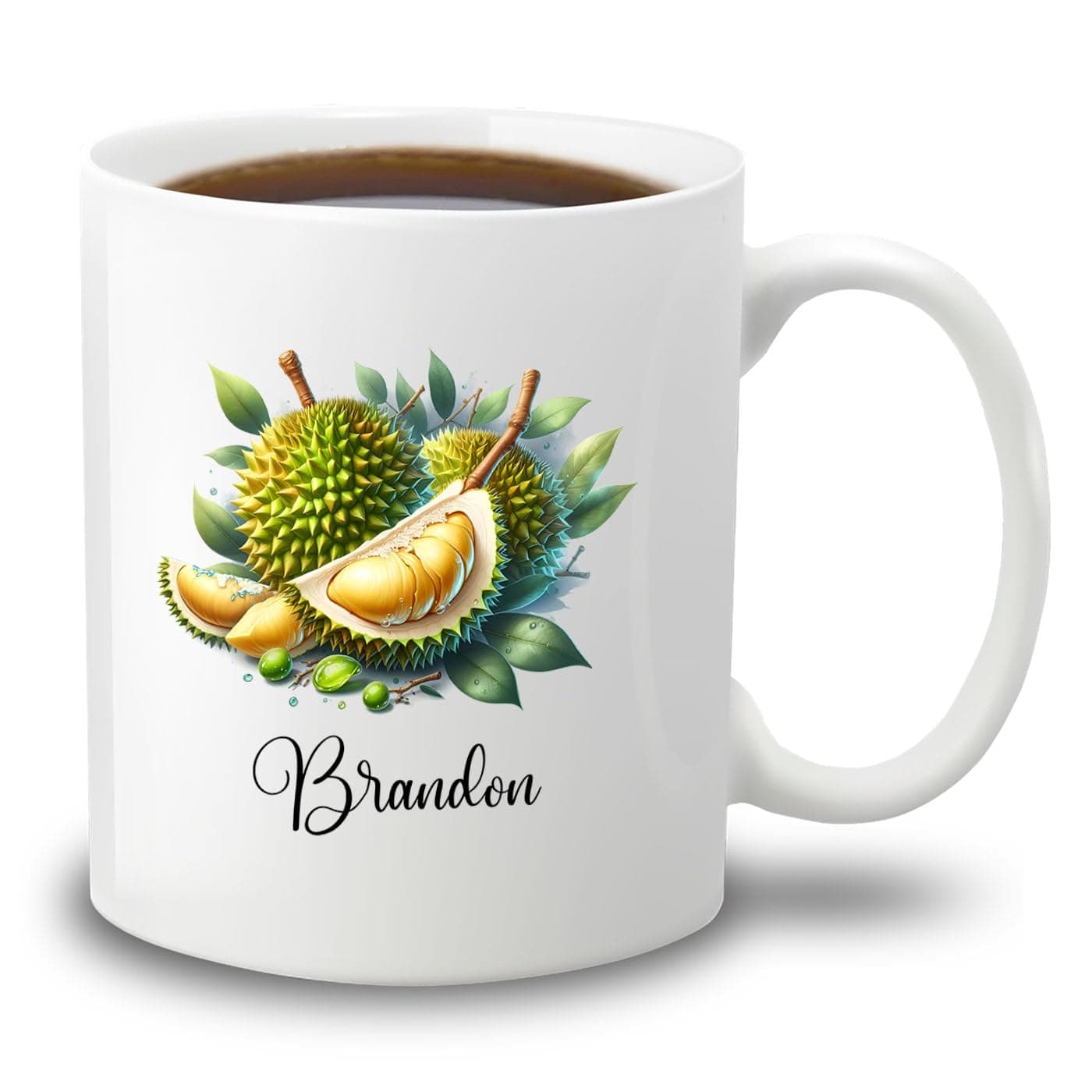Personalized Durian Coffee Mug Cup 11 Oz 15 Oz, Unique Durian Fruit Coffee Cup, Custom Name White Ceramic Mug Gift For Durian Lovers Durian Fans, Novelty Durian Travel Mug Gift For Birthday Christmas