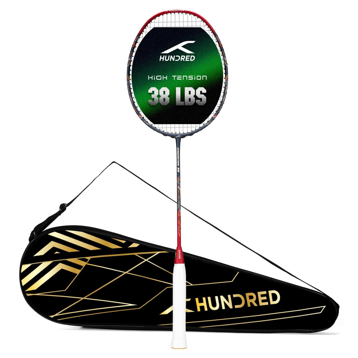 HUNDRED Predator 82 Extra Strong Japan Made Graphite Strung Badminton Racket with Full Racket Cover | 82 Grams (4U) | Maximum Tension : ?38Lbs (Black)