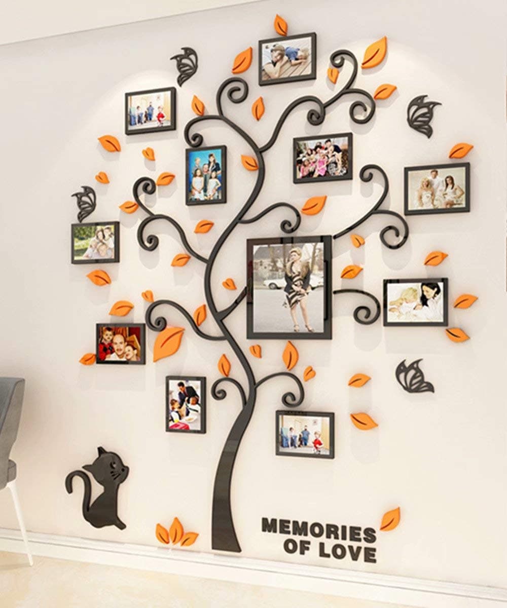 3D Tree Wall Stickers - Family Tree Wall Decor Black Trunk Picture Frame DIY Photo Frame Decals Family Frames Living Room (Orange, X-Large)