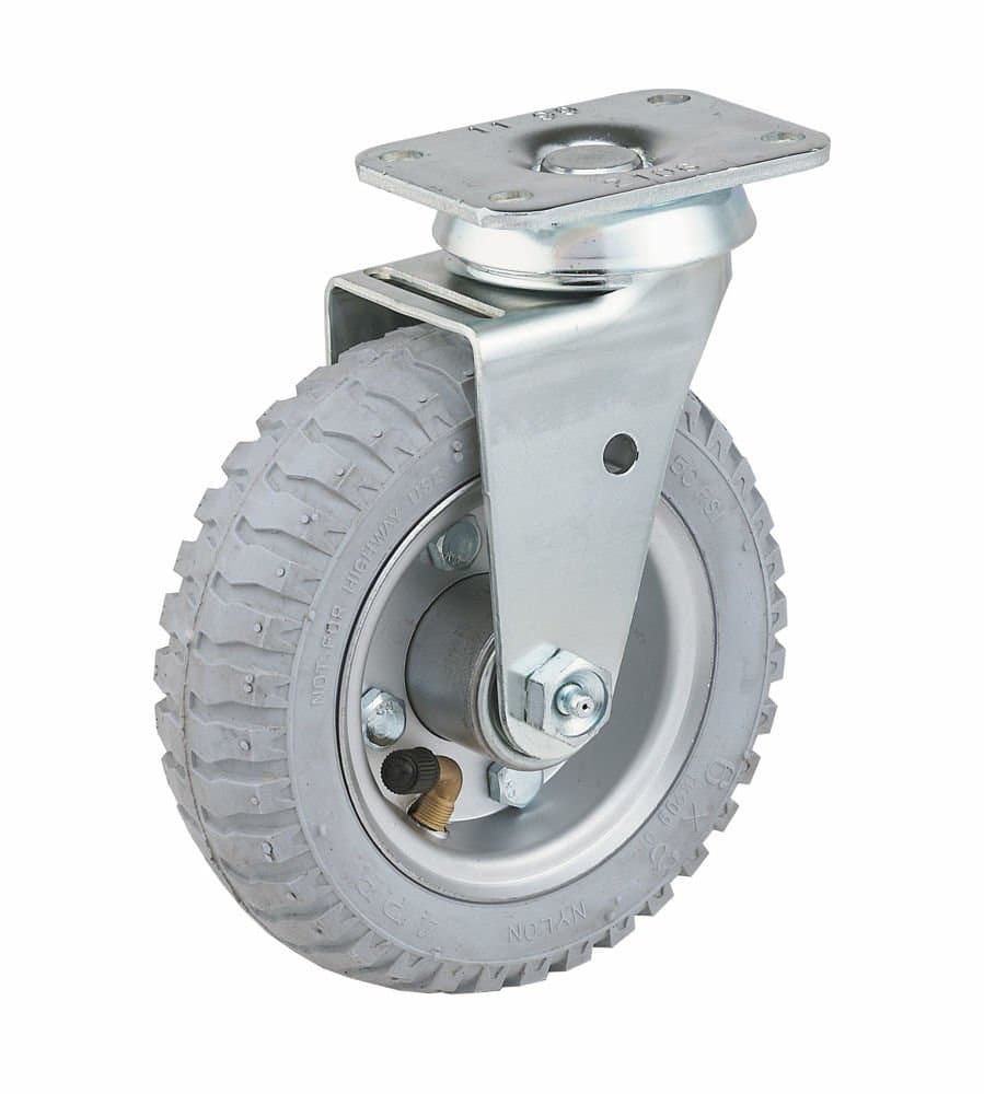 E.R. Wagner Pneumatic Plate Caster, Swivel, Soft Rubber on Steel Wheel, Ball Bearing, 200 lbs Capacity, 6" Wheel Dia, 2" Wheel Width, 7-1/2" Mount Height, 4-1/2" Plate Length, 4" Plate Width