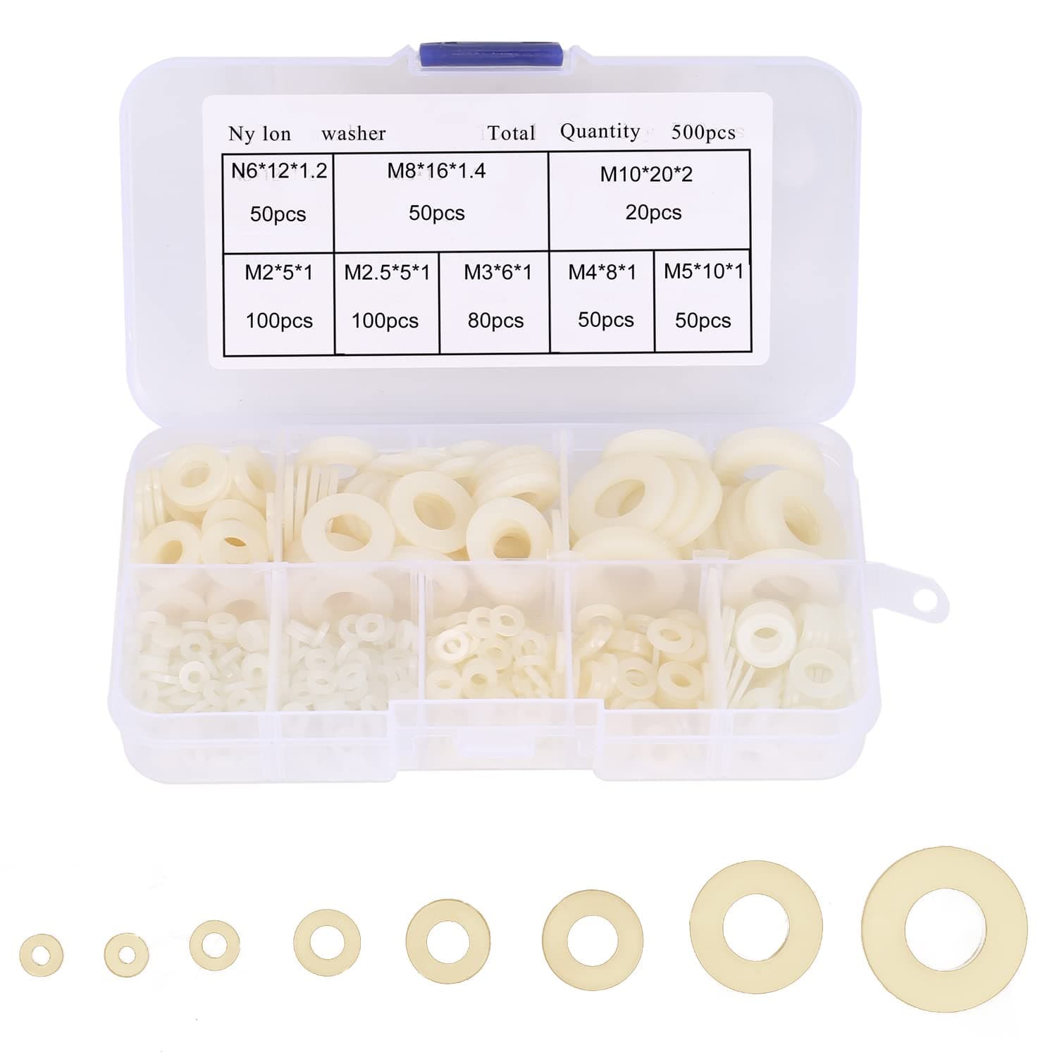 500 Pcs Nylon Washer Round Plastic Washers White Flat Washer M2 M2.5 M3 M4 M5 M6 M8 M10 Spacer Washer Assortment Kit for Automotive Plumbing Marine Machinery