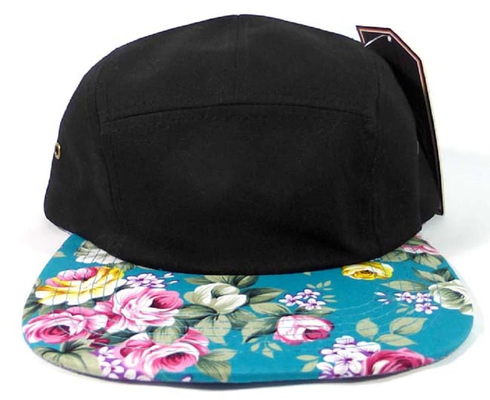 2 Tone Black & Teal Floral Print 5 Panel Cap Hawaiian Print Camper Hat