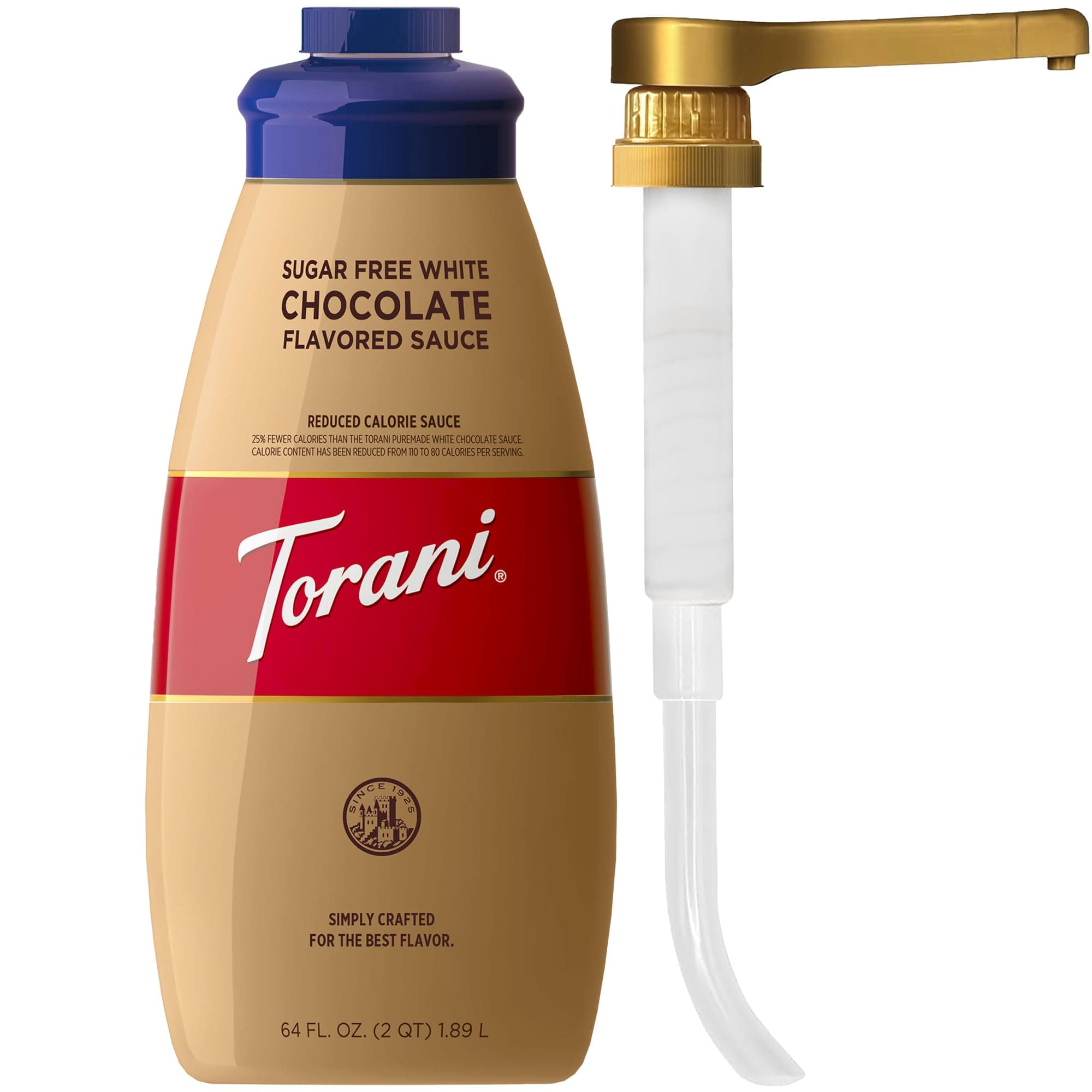 Torani Sugar Free White Chocolate Sauce for Crafting Coffeehouse Drinks, Large Squeeze Bottle with Pump, 64 Fl Oz