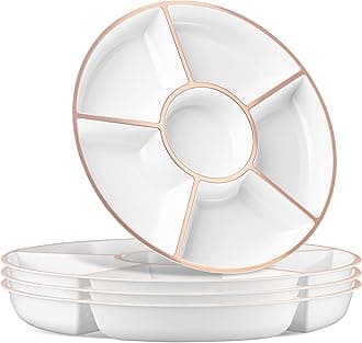 Plasticpro 6 Sectional Round Plastic Serving Tray/Platter (8, White & Rose Gold)