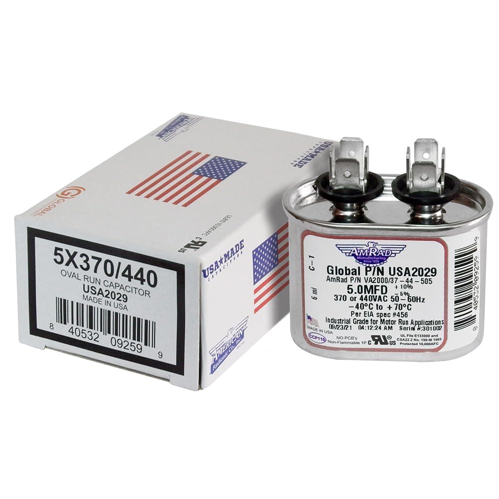 USA Made Replacement - 5 uf/Mfd Oval Universal Run Capacitor Replacement Amrad USA2029 Replacement - Used for 370 or 440 VAC