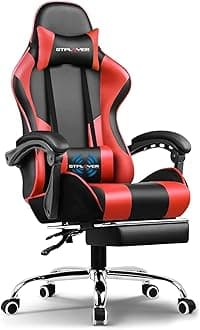 #1USA Ergonomic Gaming Chair with USB Massage Cushion, Footrest & Armrests – PU Leather Computer Video Game Desk Chair with Adjustable Lumbar Support & Headrest (GCC, Red)