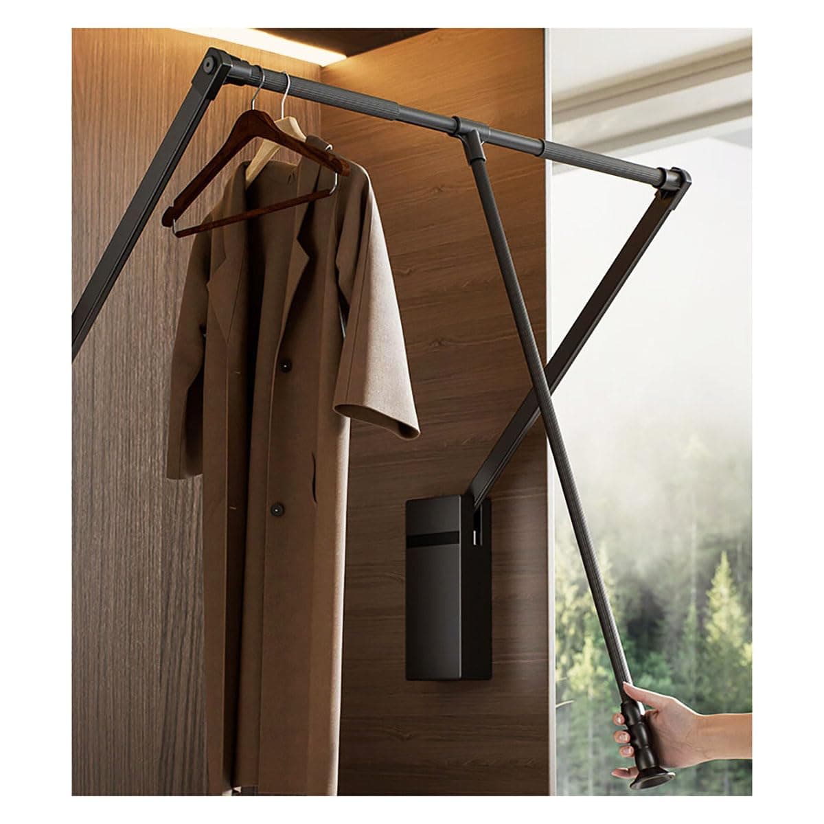 Pull Down Closet Rod for Hanging Clothes, Retractable Wardrobe Hanger for Cabinet Inside Width 26"~35", Aluminium alloy Tubing with Plastic Housing, 44 lb Weight Rating