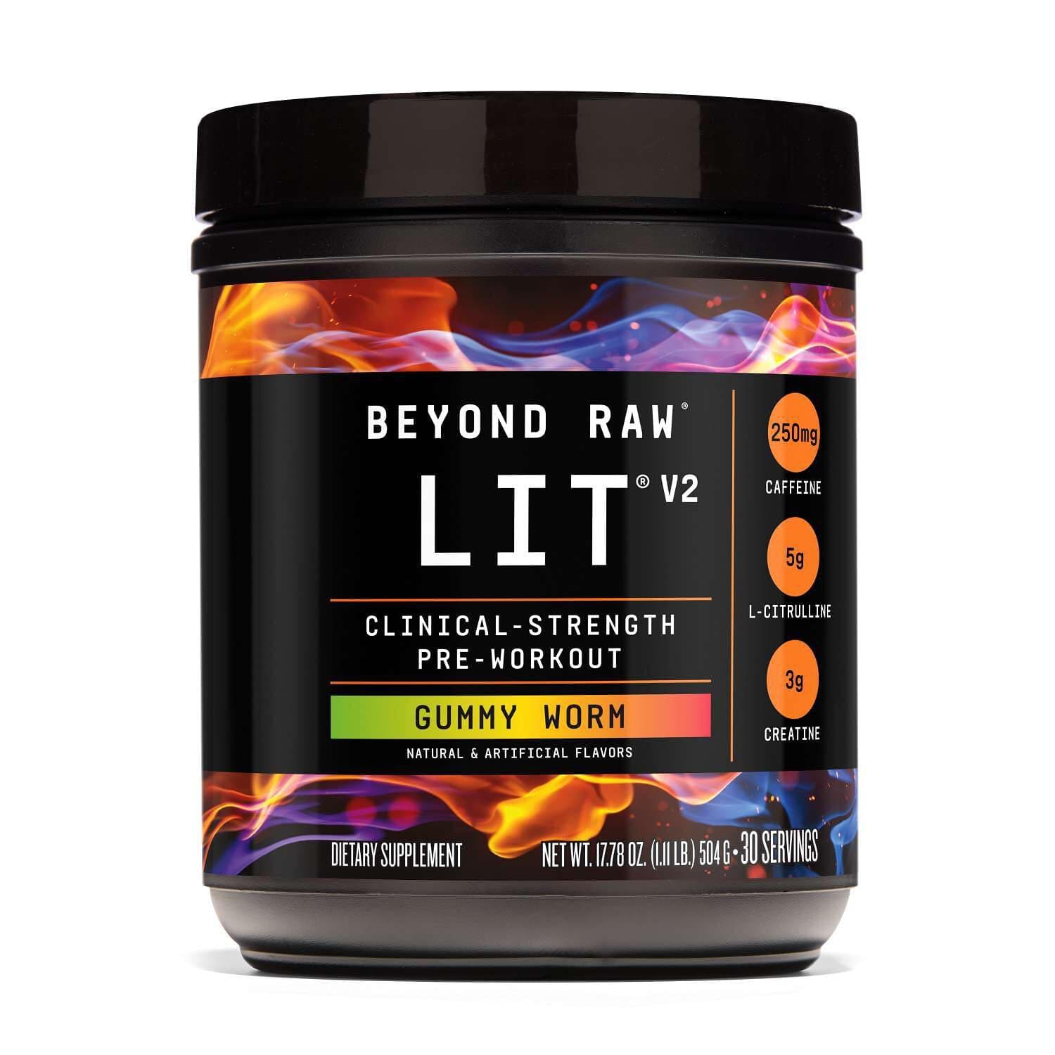 BEYOND RAW LIT V2 Clinical Strength Pre Workout Powder, Hits Harder, Bigger Pumps, Caffeine, L-Citrulline, Creatine, Gummy Worm, 30 Servings