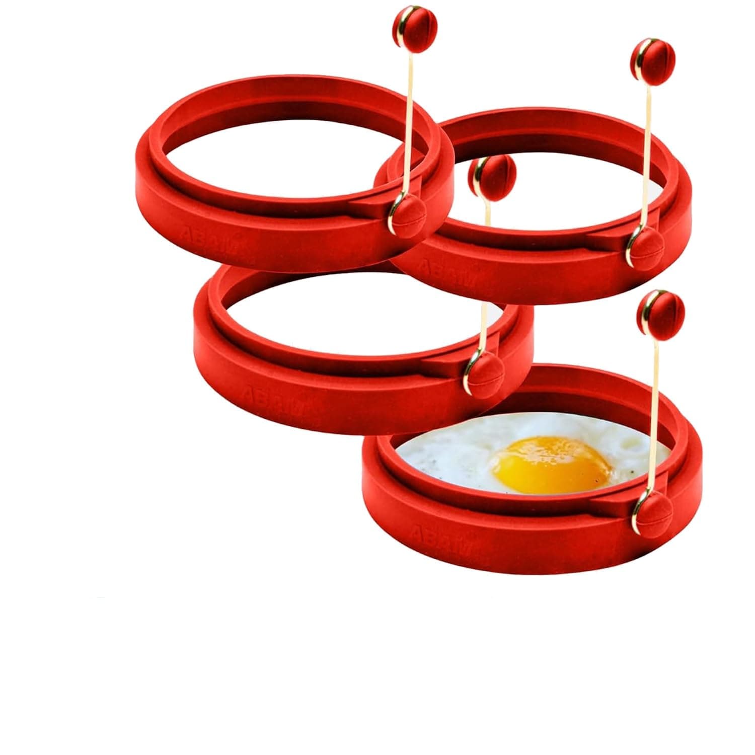 Professional 4 Inch Silicone Egg Ring, Pancake Mold Egg Mold for Breakfast Sandwiches, Omelets and More, Nonstick Ring, Round Blue (Pack of 4), Free e-Book by Abam (Red)