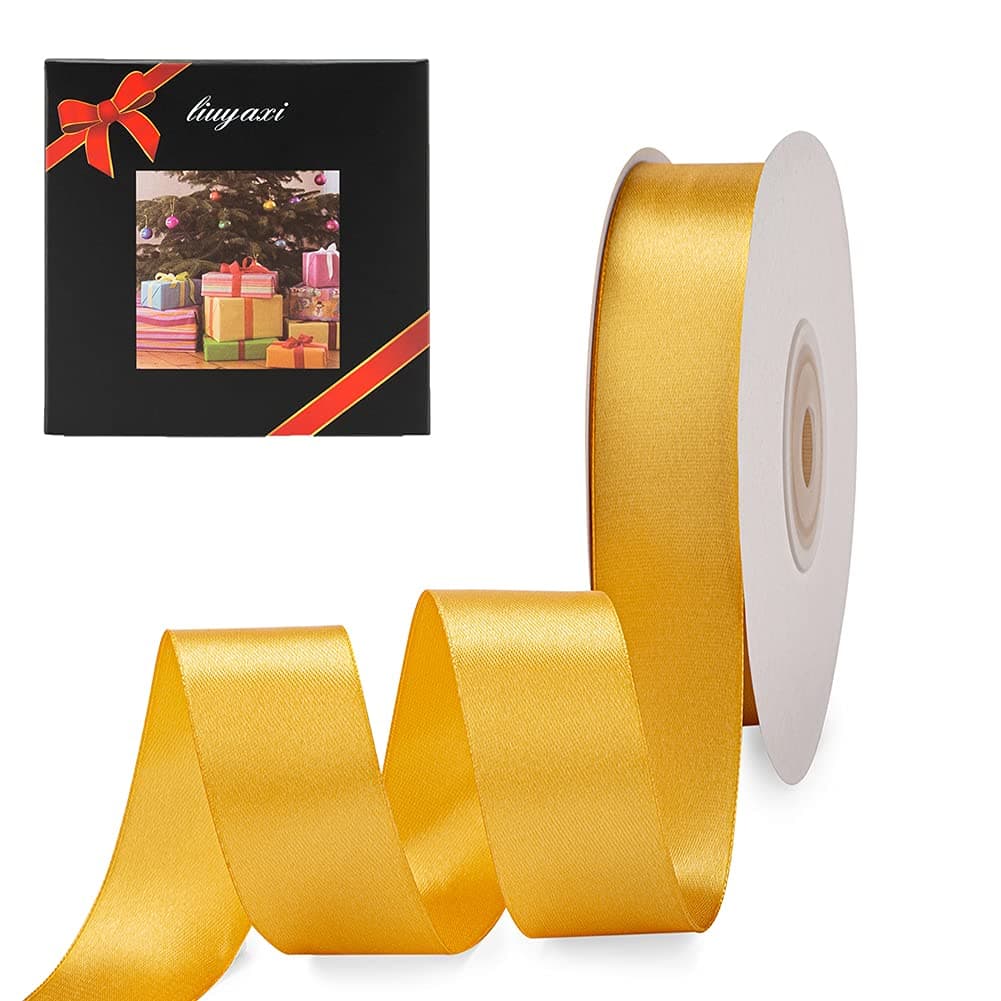 Solid Color Double Faced Yellow Gold Satin Ribbon 1" X 25 Yards, Ribbons Perfect for Crafts, Wedding Decor, Bow Making, Sewing, Gift Package Wrapping and More