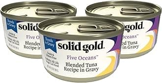 Solid GoldWet Cat Food Shreds in Gravy Five Oceans 3 Count Sample Pack - Canned Cat Food Made w/Real Tuna for Cats of All Ages - Grain Free Cat Wet Food for Sensitive Stomach