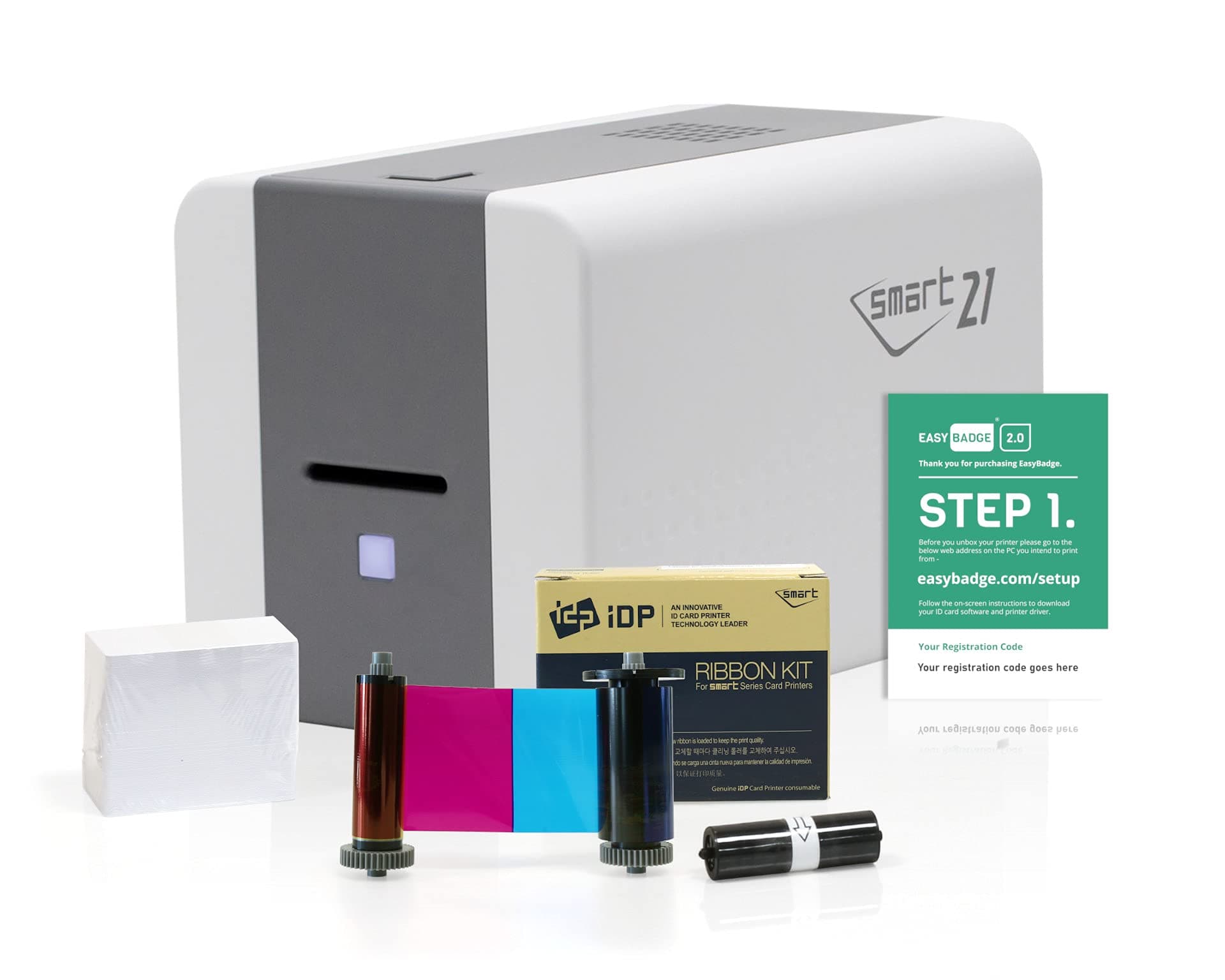 Small Business Starter ID Card Printer Bundle | IDP Smart 21s Badge Printer with IDP Smart 653361 YMCKO Printer Ribbon, 100 Plastic Cards for Printing, and ID Card Design Software