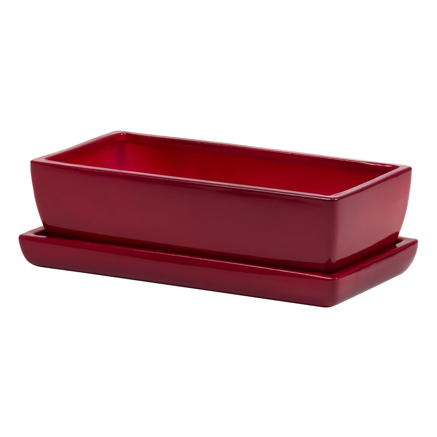 CeramicCactusTrayPlanter, Red, Rectangular, 30.5 x 15 x 8.5 cm, Hand Painted, Drainage Hole, Ideal for Cactuses or Bonsai Trees