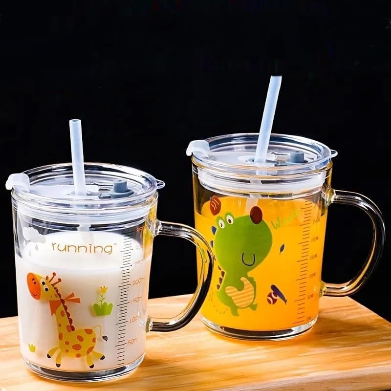 KELVEE Random Design Glass Measuring Drinking Milk Mug with Handle and Clear Lid with Silicone Straw for Girls & Kids Multiple Usage 350 ml (Set of 2)