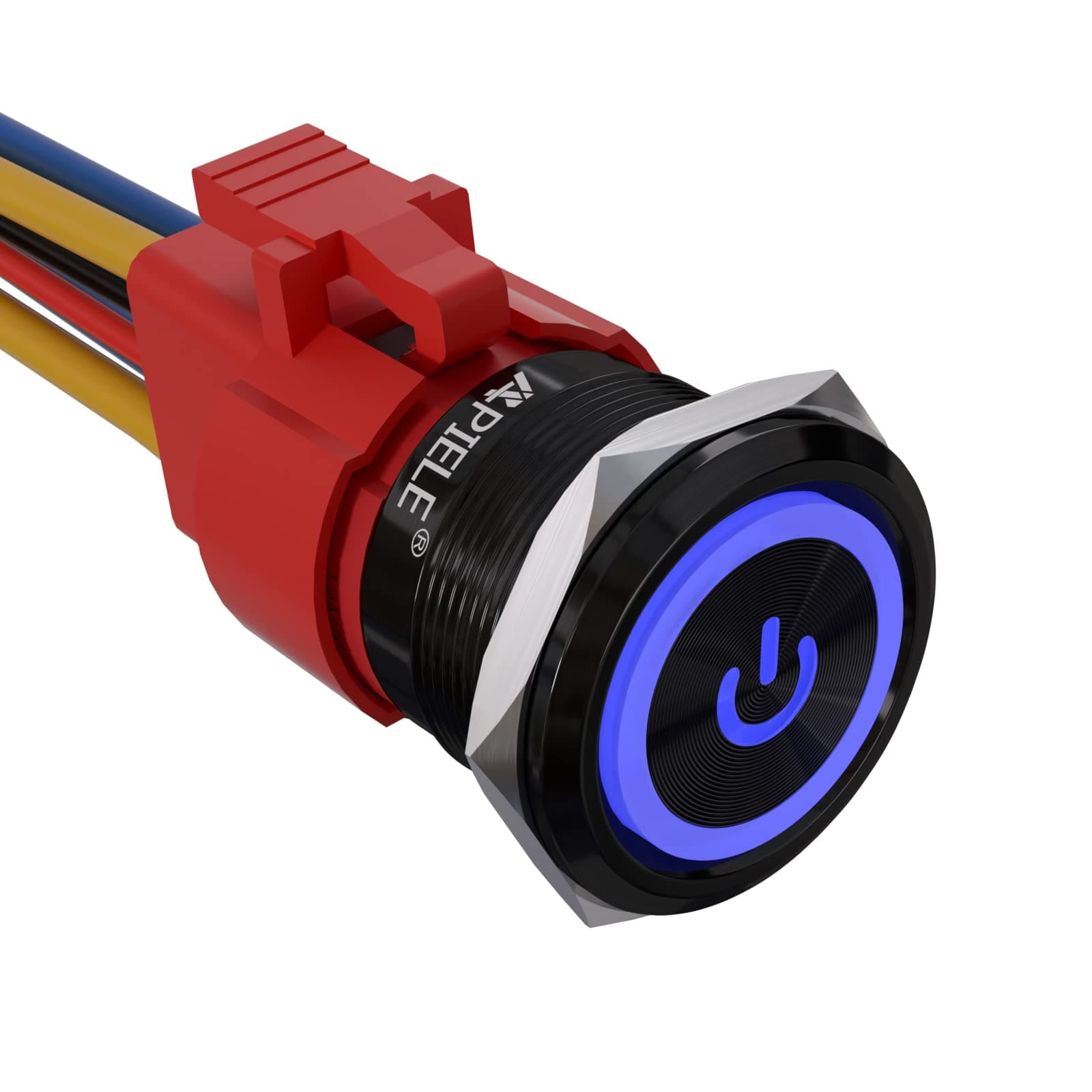 22mm Latching Push Button Switch 12V 10A Power Symbol Ring Led Car Metal with Socket Plug 1NO1NC DPST ON/Off 0.87" 1 Pack (Black Shell, Blue)