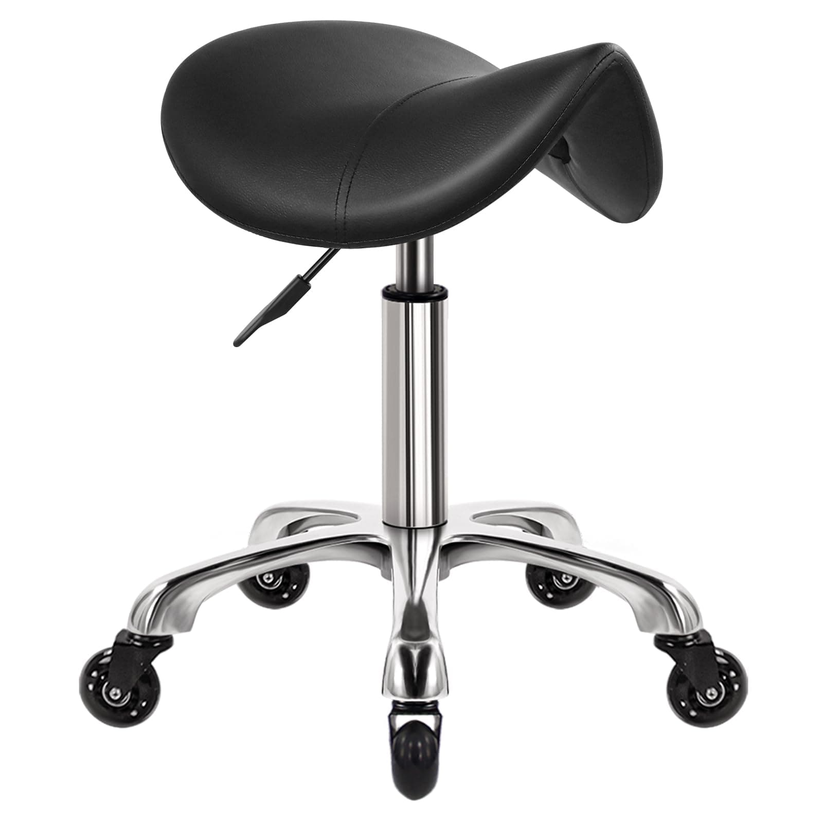 Heavy Duty Saddle Rolling Stool with Wheels Hydraulic Swivel Adjustable Rolling Stool Ergonomic Thick Leather Seat Chair for Kitchen Drafting Lab Office Salon Massage – Black