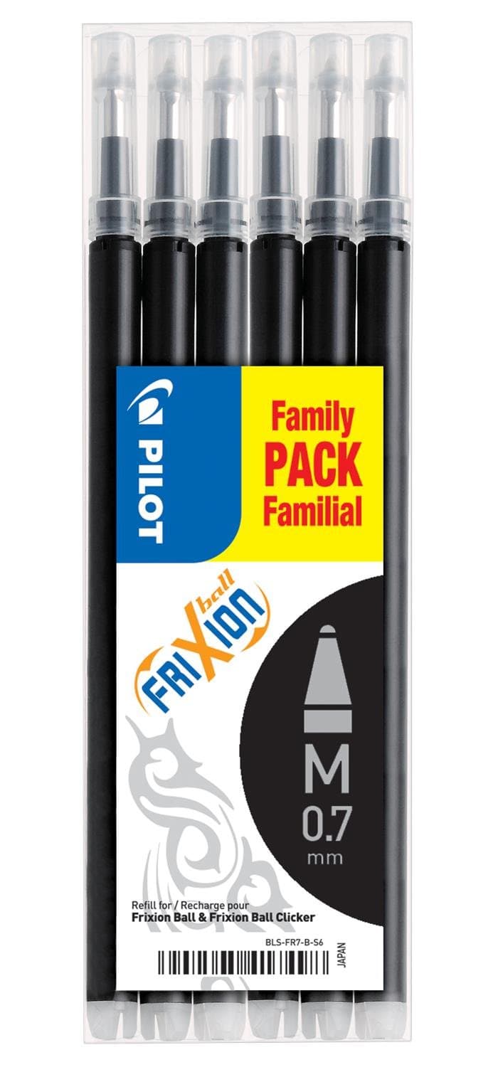Frixion 0.7 mm Tip Pilot Refill for Rollerball Pen - Black (Pack of 6)