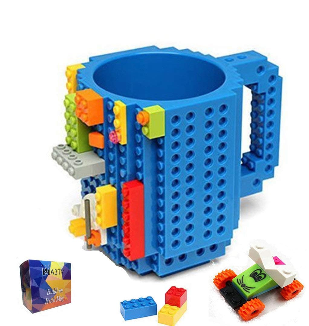 Build-On Brick Coffee Mug, Funny Cups DIY Creative Building Blocks Xmas Present, Novelty Christmas Santa Gifts for Women Men,Thanksgiving,New Year with 3 Bags Accessories (Blue)