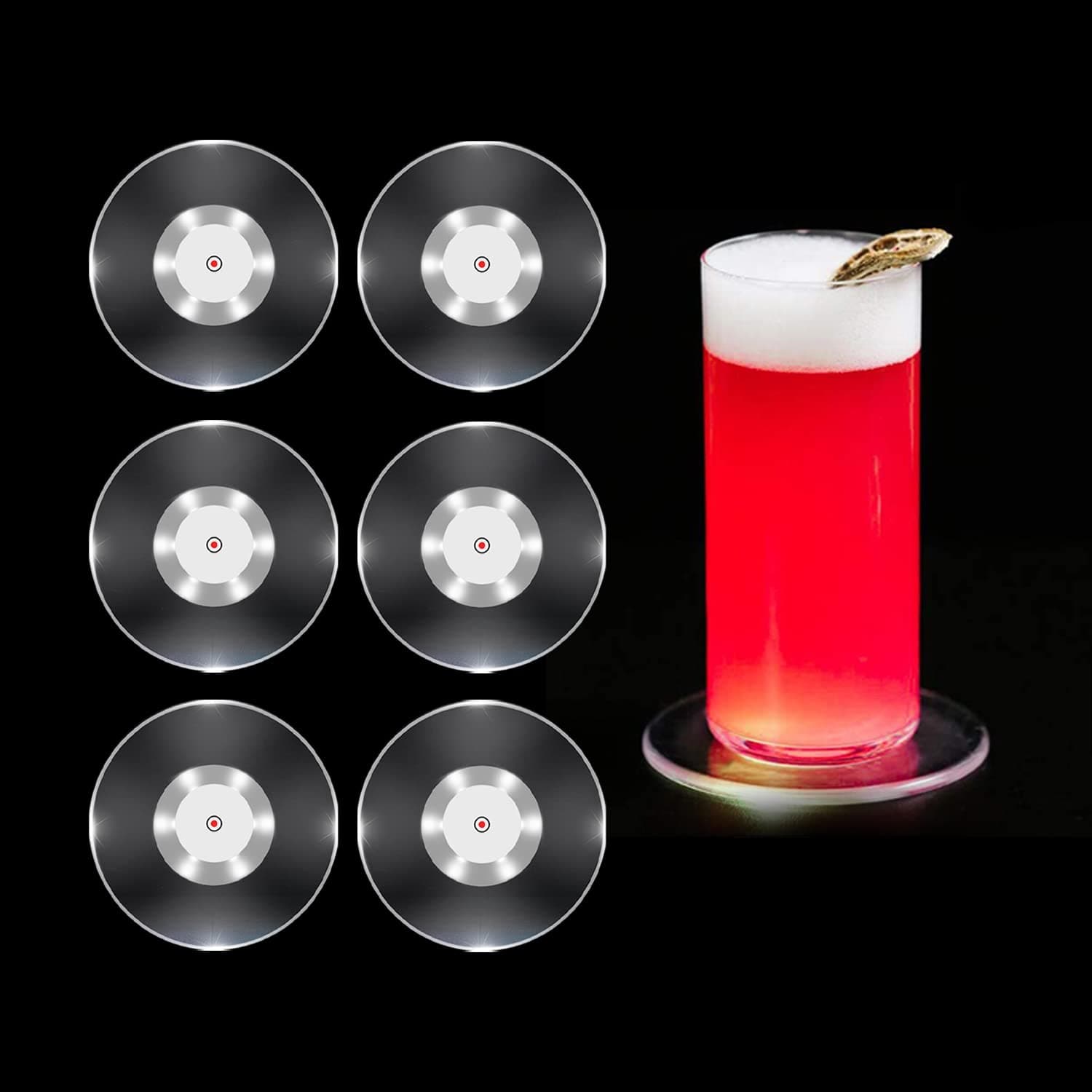 YUOTA White LED Coaster set of 6, Battery Replaceable Coasters with 3 Light Modes, Waterproof Beer Mat Bar Accessory with 6 LED Beads, Suitable For Drinking at Home Bar Parties