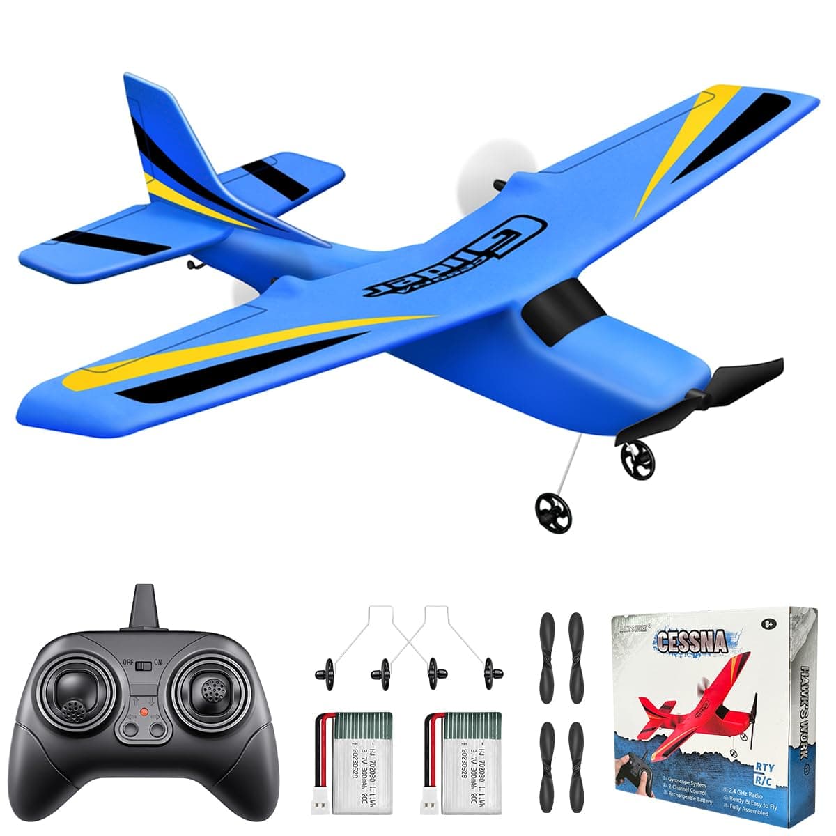 HAWK'S WORK 2-Channel RC Airplane, Ready-to-Fly RC Airplane, 2.4GHz Remote Control Airplane, Easy-to-Fly RC Glider for Kids & Beginners (Blue)
