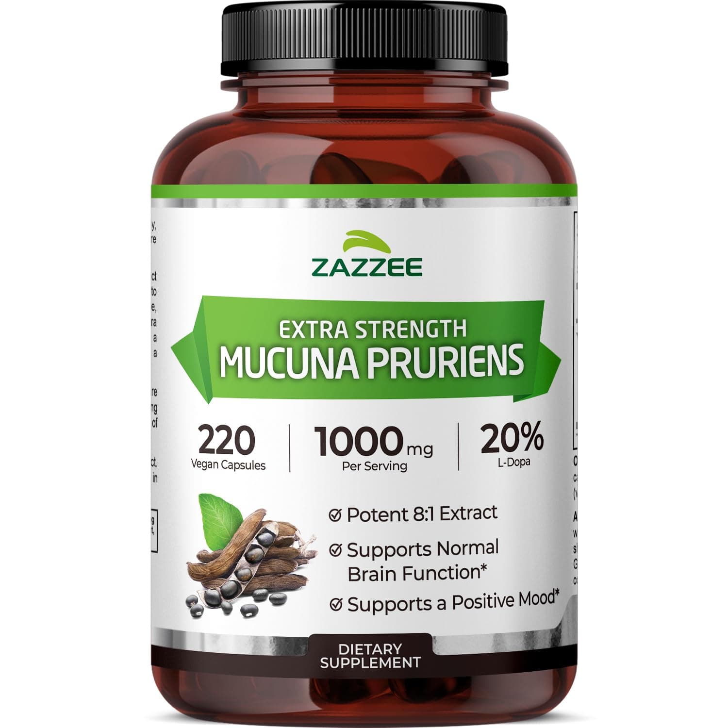 Extra Strength Mucuna Pruriens 8:1 Extract, Minimum 20% L-Dopa, 1000 mg, 220 Vegan Capsules, 110 Day Supply, Concentrated and Standardized 8X Extract, 100% Vegetarian, All-Natural and Non-GMO