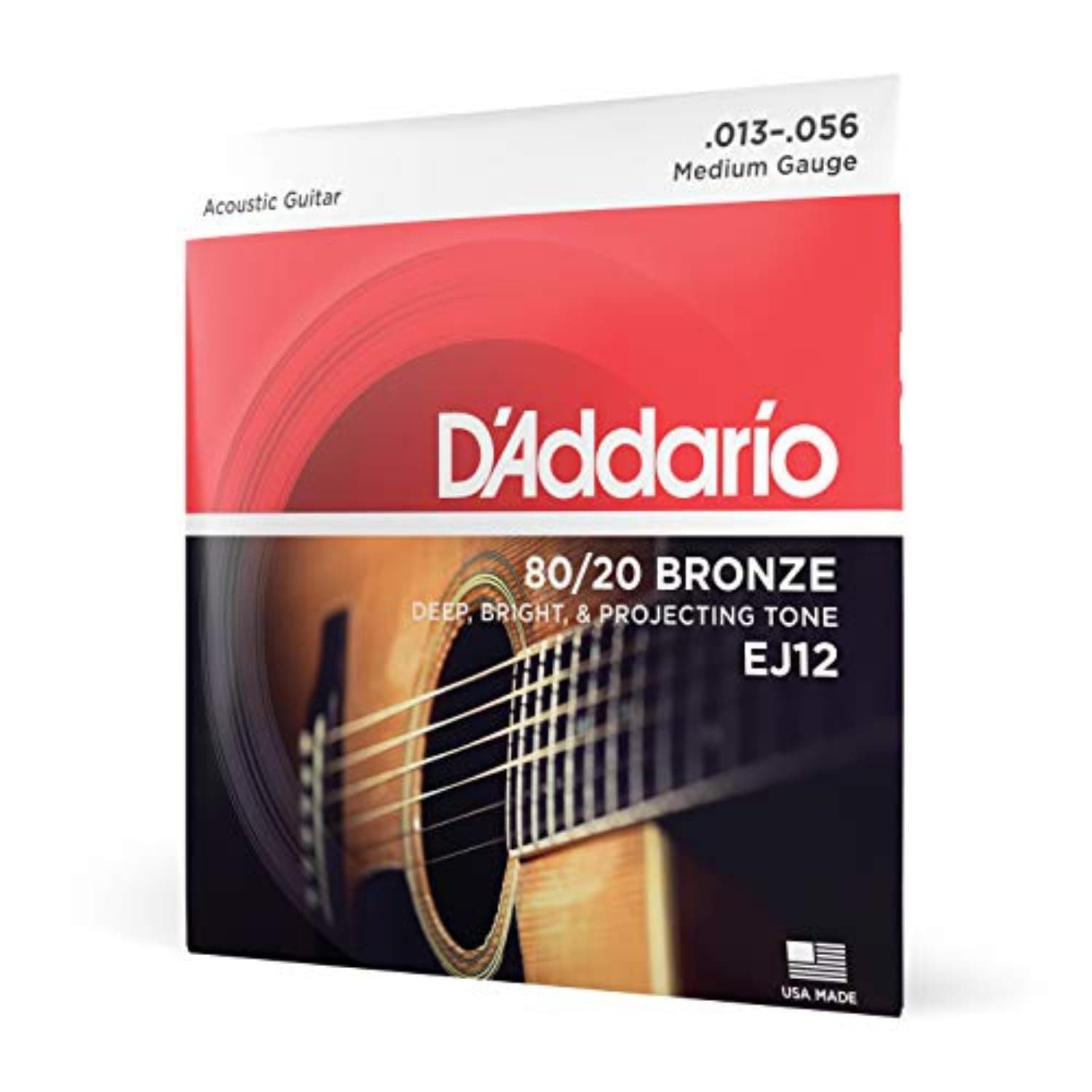 Acoustic Guitar Strings, 80/20 Bronze, EJ12, Medium Gauge 13-56, 6-String Set, Pack of 1