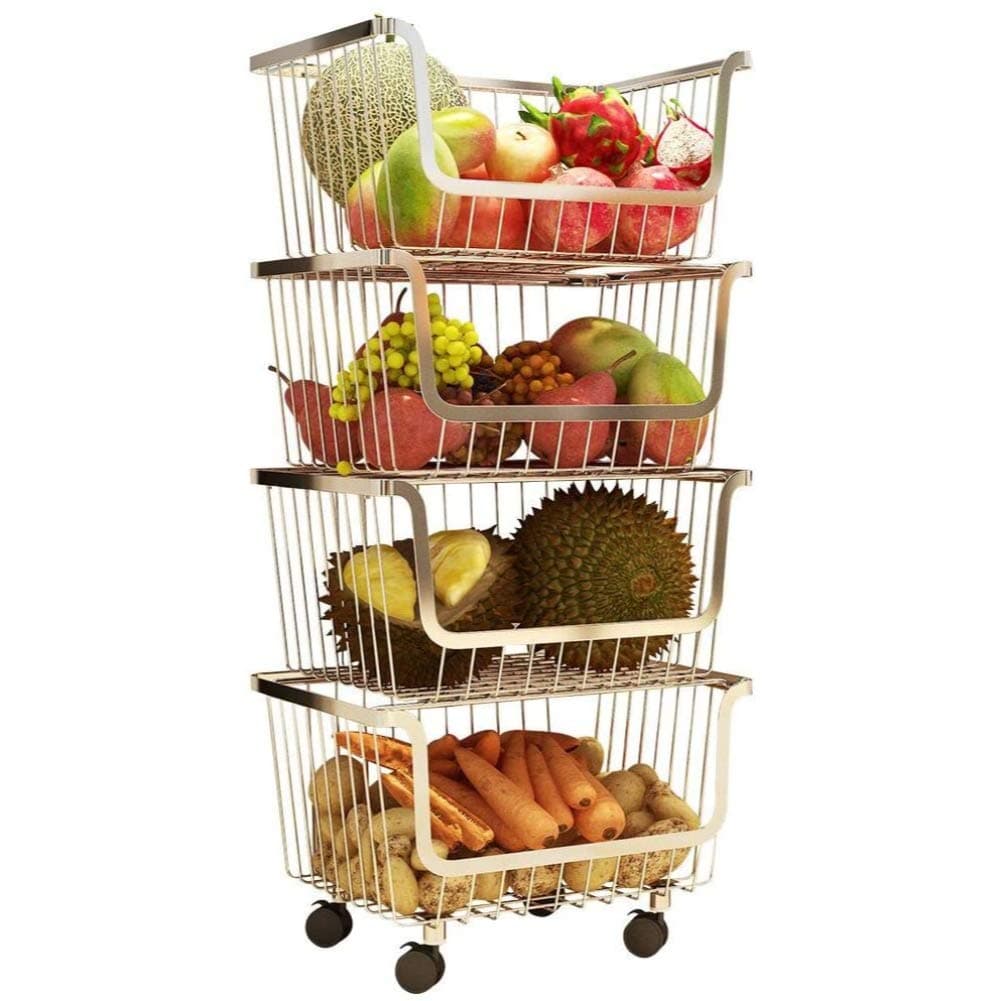 O9 O-Nine 4 Layer Metal Kitchen Storage Organizer Rack Stackable Fruit Vegetable Basket Floor Standing Utility Trolley Cart Shelf for Kitchenware, Household Items, Food, Snacks.