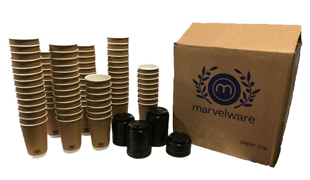 (60 Count) 16 oz Large Durable Insulated Hot/Cold Disposable Travel to Go Cups with Lids. Great for Coffee/Tea! with Double Walled Craft Brown Recyclable Paper - No Sleeves Req'd! Writable Surface!