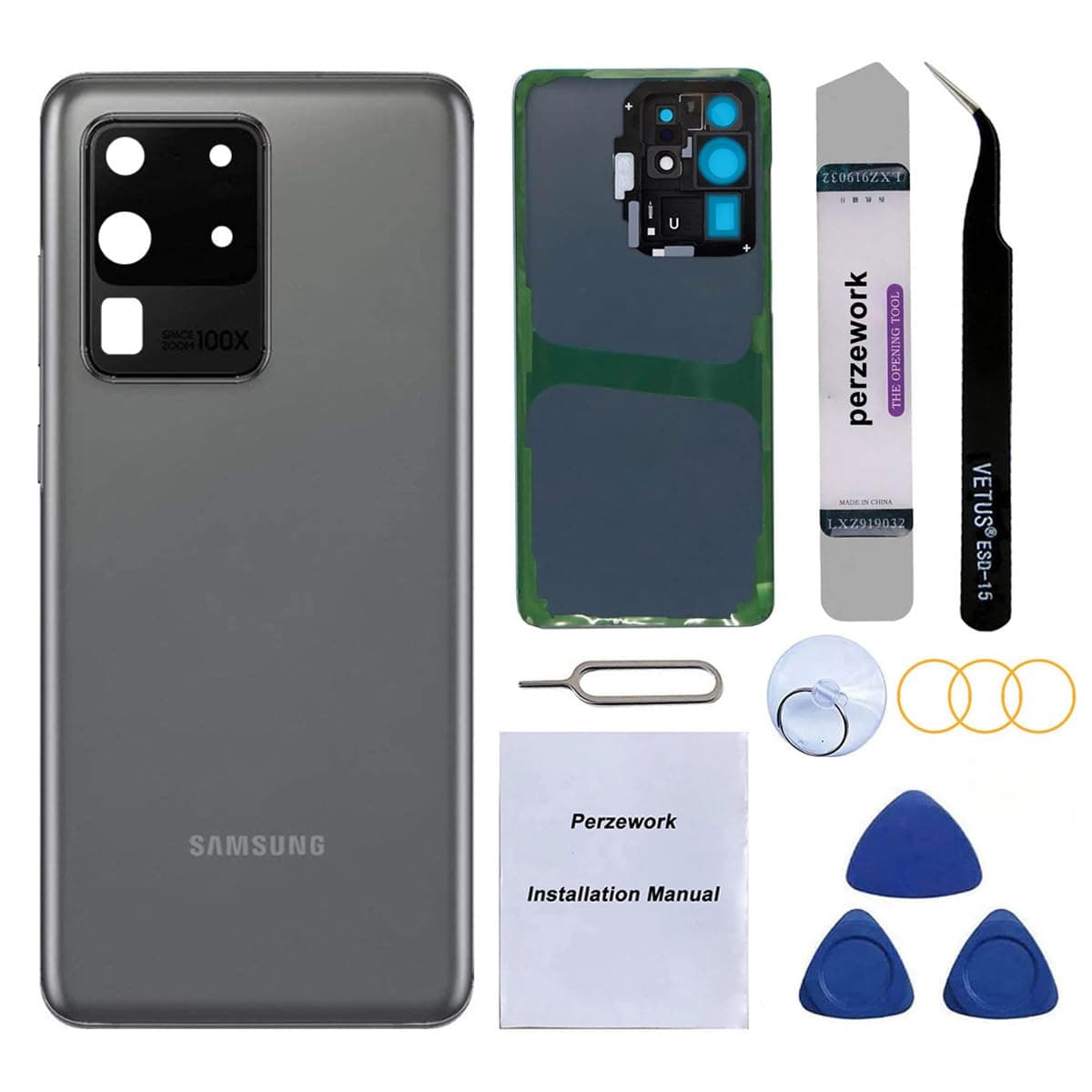 Perzework Rear Back Glass Replacement Compatible with Samsung Galaxy S20 Ultra 6.9 inches 5G with Reparing Toolkit and Installment Manual (Cosmic Gray)