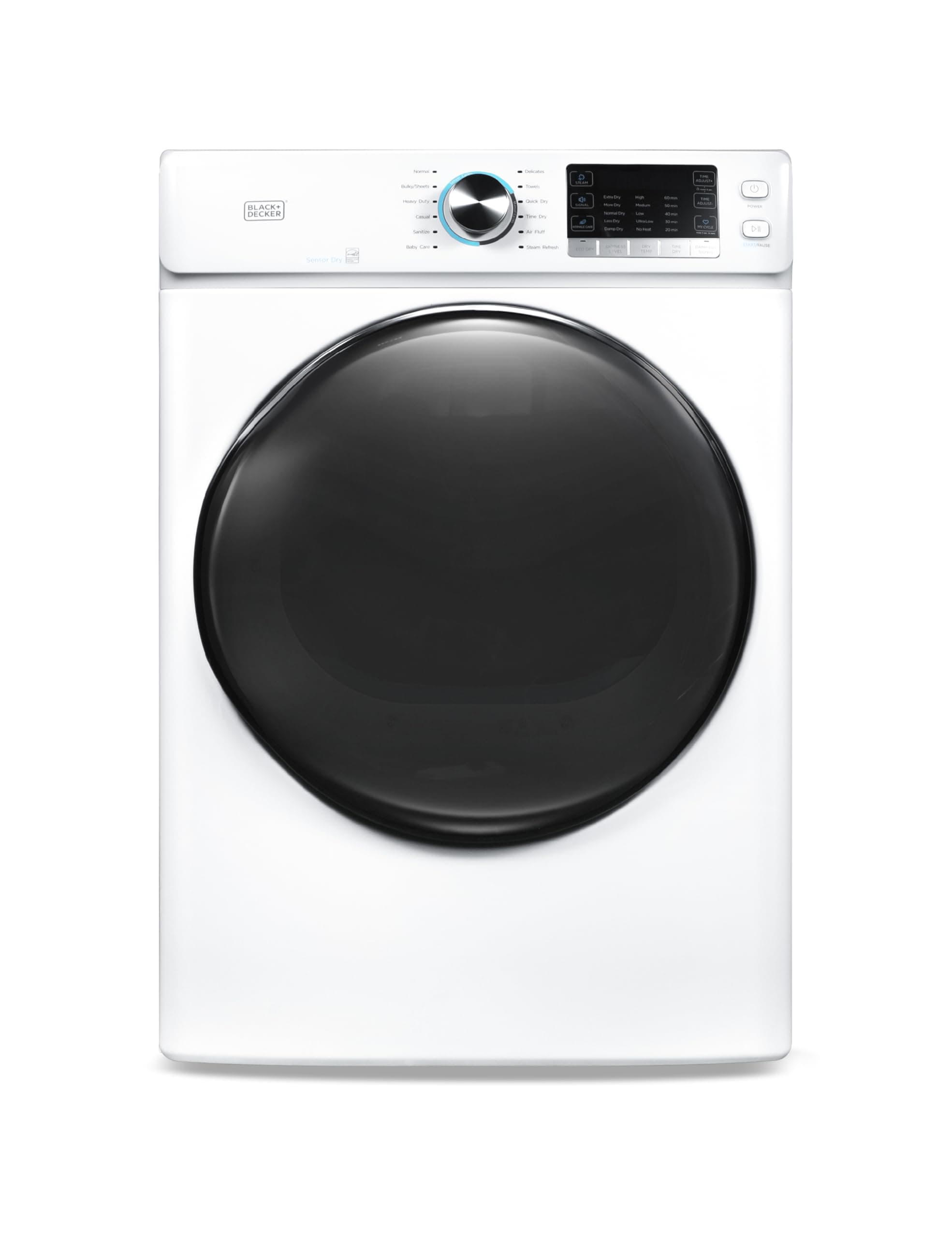 BLACK+DECKER 8.0 Cu. Ft. Electric Front Load Dryer with Steam, Clothes Dryer with LED Display, 12 Cycle Selections, ENERGY STAR, 240V Machine Requires Professional Installation, BFLD80ME, White