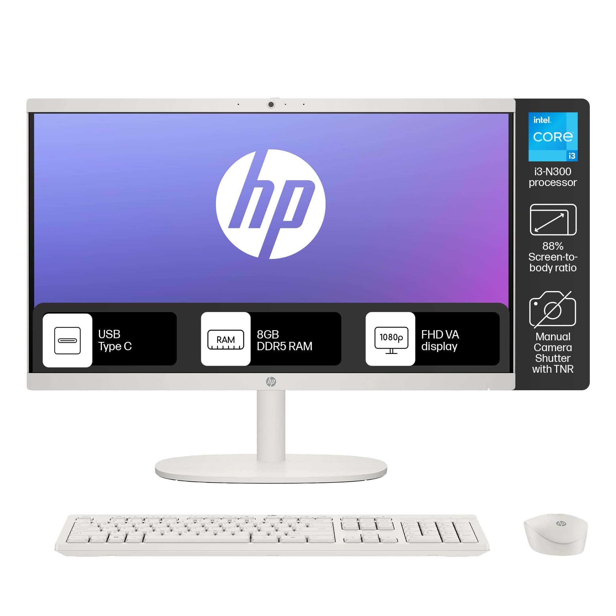 All-in-One Desktop Intel® Core™ i3-N300,21.5 inch(54.5cm),FHD,Anti-Glare,8 GB DDR5, 512GB SSD,White Wireless Keyboard and Mouse Combo,White, Windows 11, 4.17kg,22-dg0786in