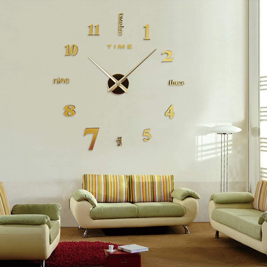 DIY 3D Wall Clock - Frameless Acrylic Digital Clock, Modern Stick On, Large Size for Living Room, Kitchen, Bedroom, Office - Home Decor (Gold)