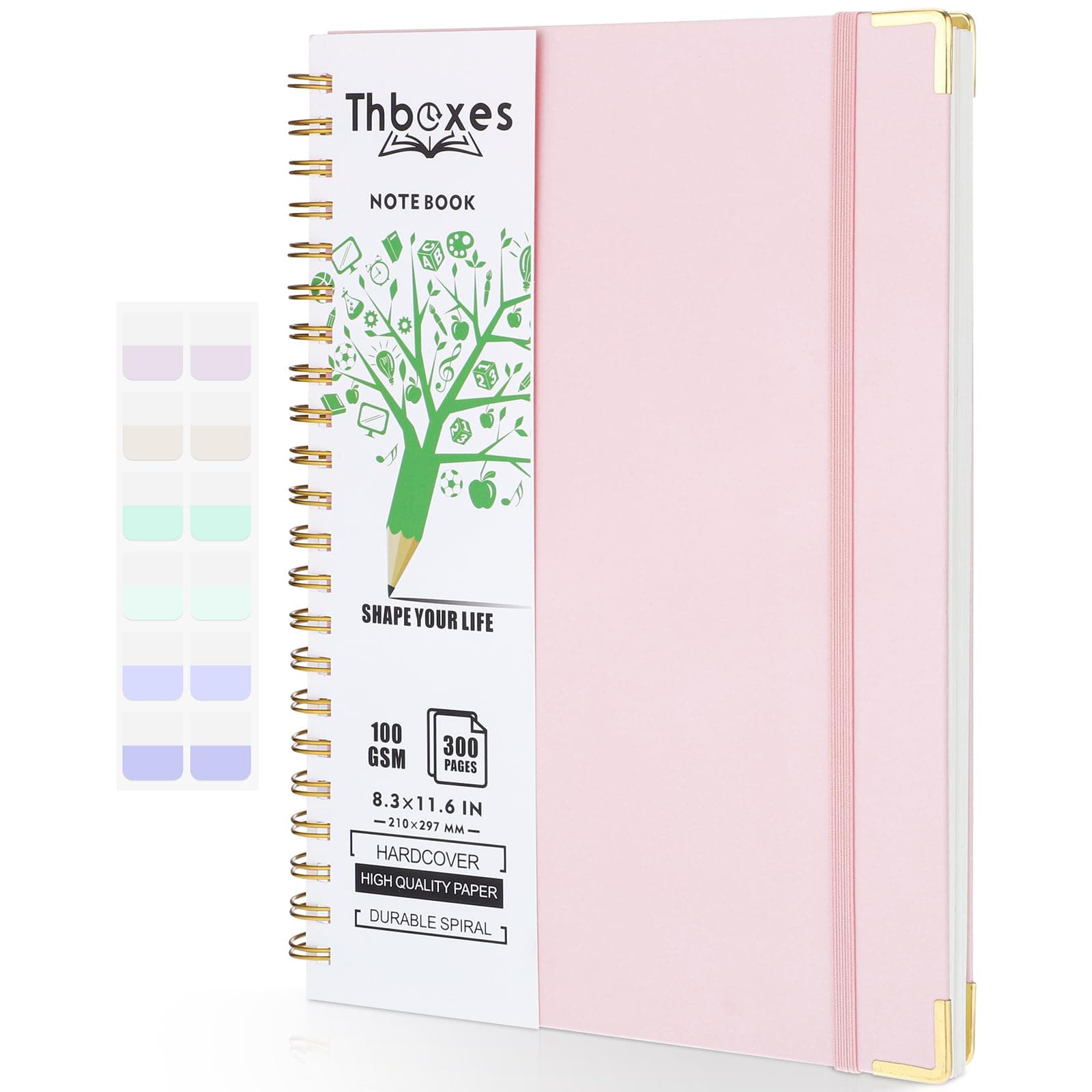 A4 Spiral Notebook, 300 Pages/150 Sheets Wirebound Spiral Notepad 100gsm Thick Paper Journal Notebook with Index sticker,Pocket,Elastic Band Notebook for Business Office School Travel 29.7x21cm Pink