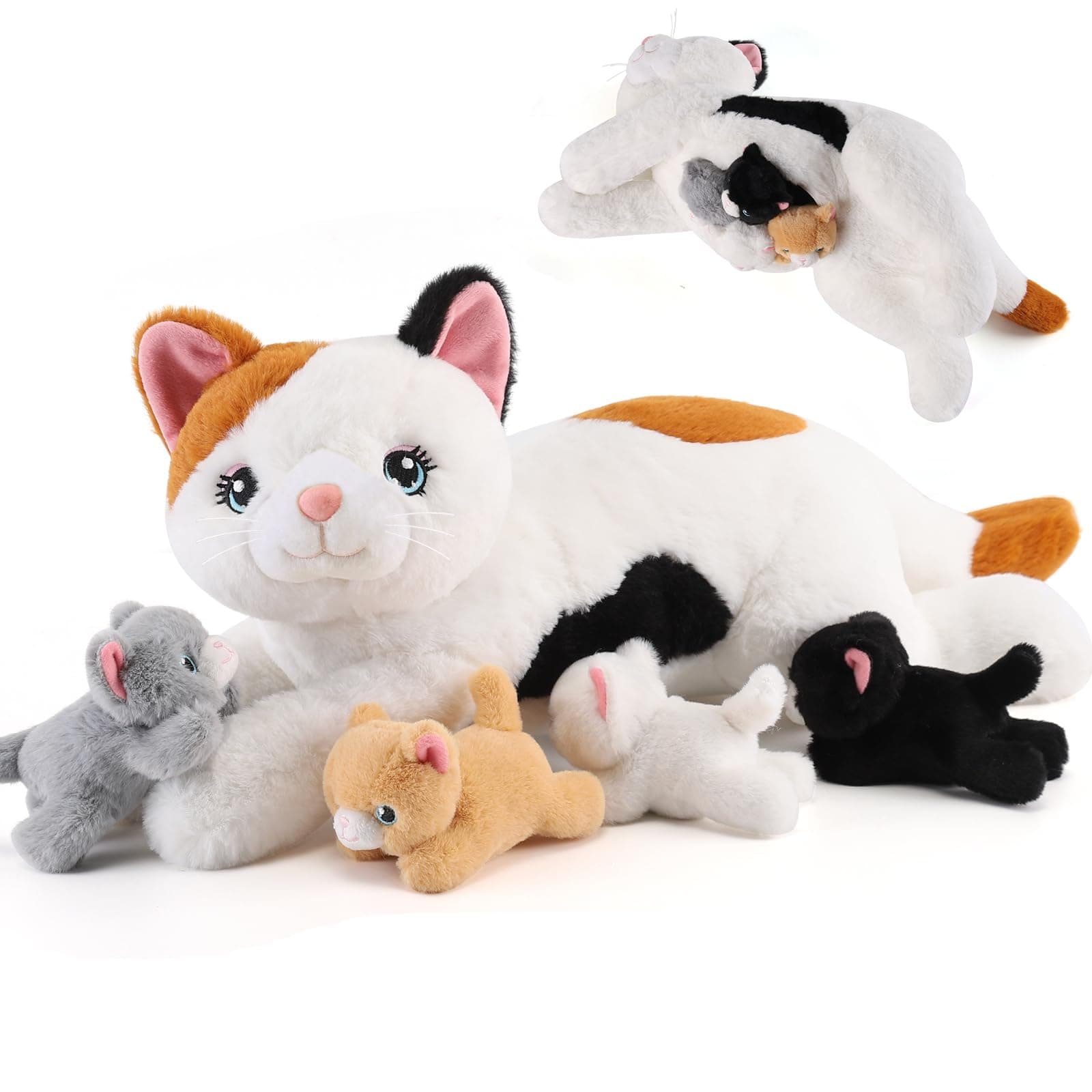 gnomantic 5 Pieces Cat Stuffed Animals with Babies Inside Belly - 1 Mommy Stuffed Cat with 4 Kittens - Stuffed Kitty Plush Toys for Kids Age 3-8, Gifts Ideal for Christmas, Valentine's, Birthday
