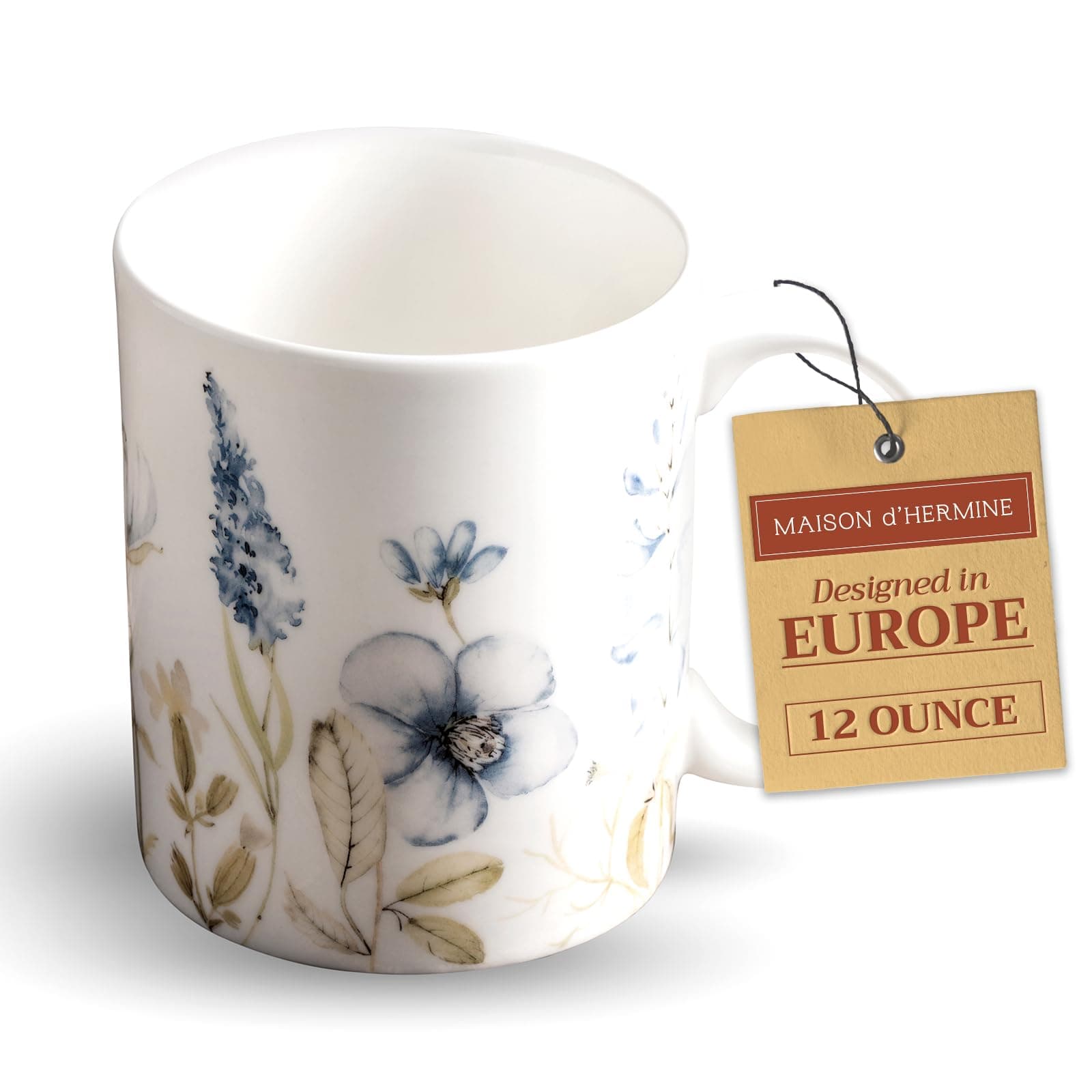 Maison d' Hermine Coffee Mug with Handles Fine Bone China Mugs Pack of One Tea Cups for Hot Beverages Cappuccino Latte Home Restaurant Easter Gifts (Ice Florals - Forsty Morning, 12 Ounce)