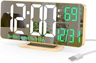 KOSUMOSU Desk Clock for Bedroom Accessories 6.7in Gold Digital Alarm Clock with Dimming,12/24h, Date, Day of Week, Temp, LED Clock, Modern Digital Calendar Clocks for Living Room Essentials