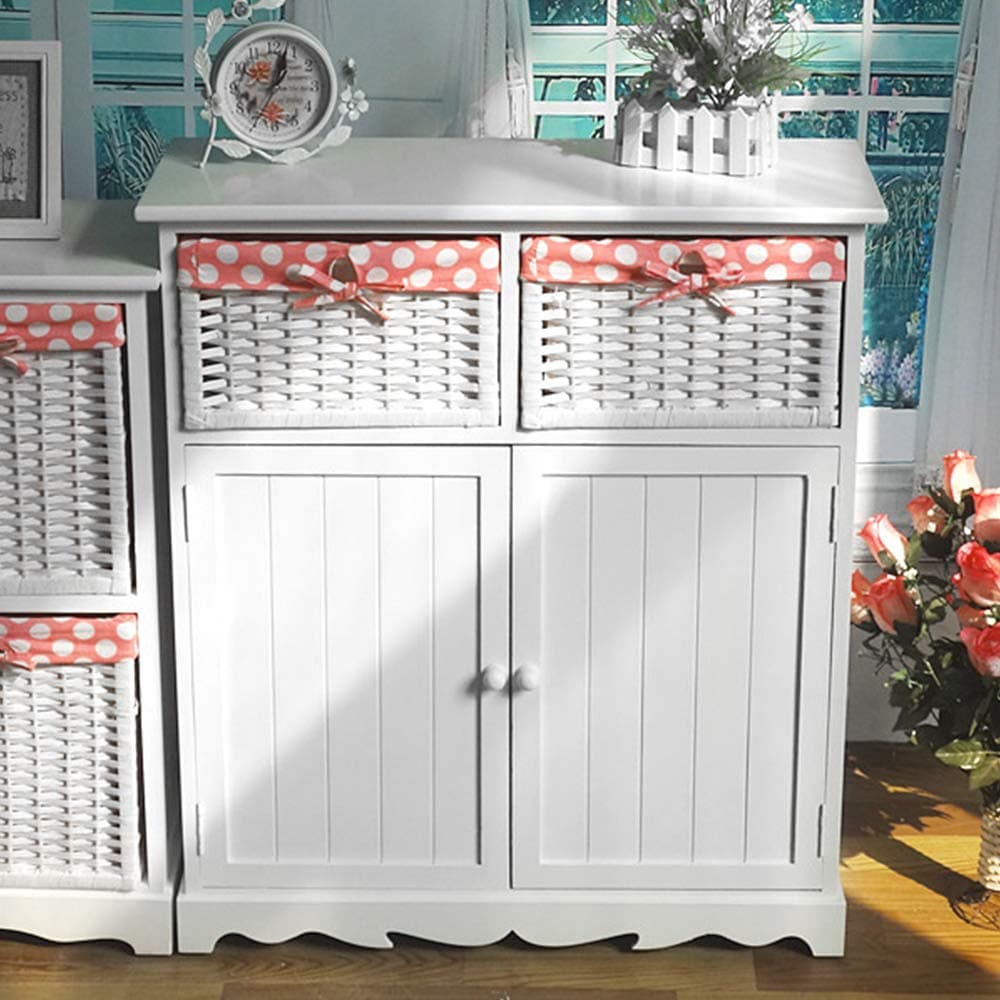 EXQUI White Storage Unit with Double Doors Compartments and 2 Wicker Baskets Floor Standing Cabinet Unit Wooden Chest of Drawers for Bathroom, Hallway, Bedroom and Living Room,73x30x82cm,G104W