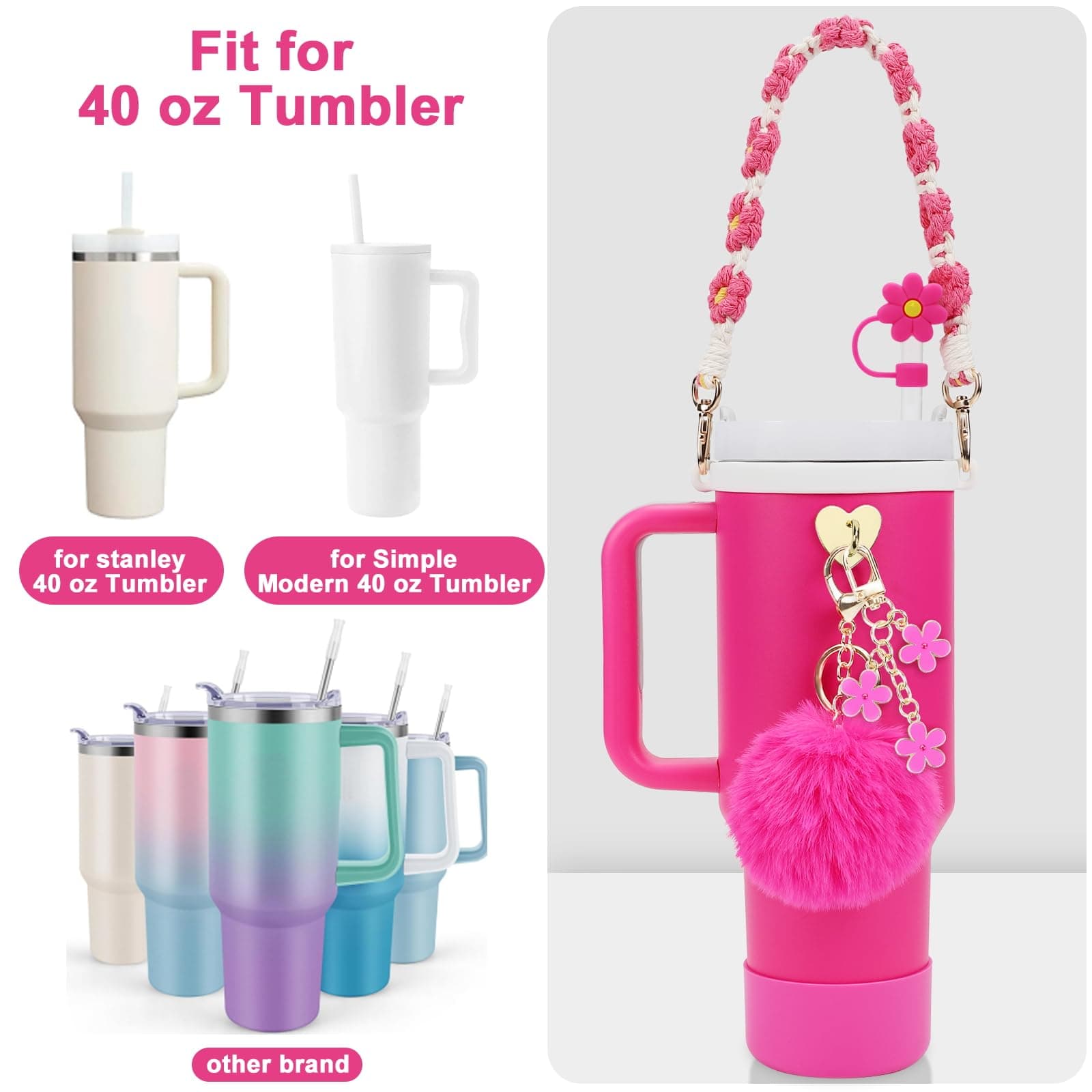 Stanley Cup Accessories Set Including Water Bottle Handle Strap, Siliocne Stanley Cup Boot, Siliocne Straw Cover, Stanley Charms for Stanley Cup 40oz & 30oz Tumbler