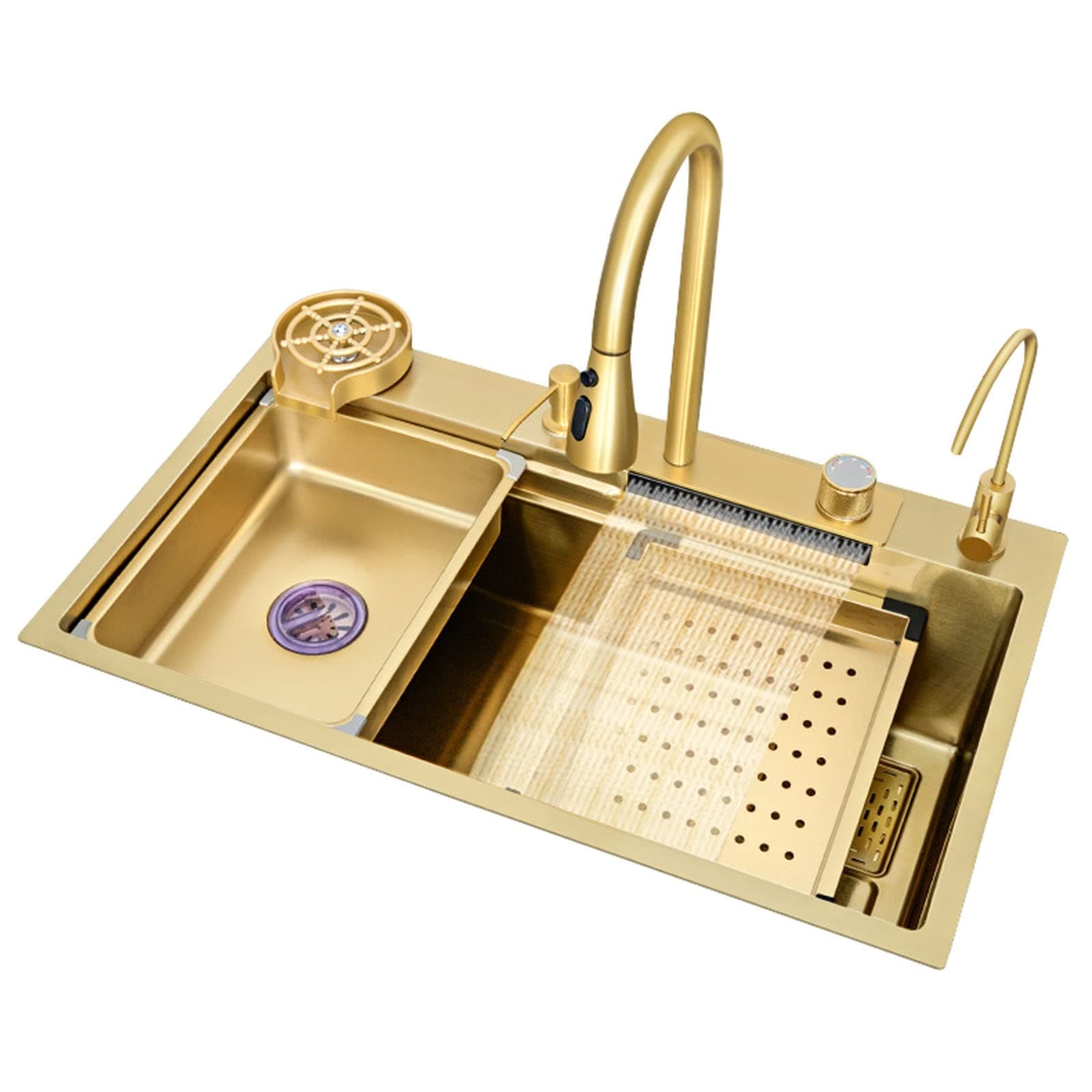 Gold Large Single Sink Raindance Waterfall Vegetable Basin Multifunctional Kitchen Sink Undermount Sink with Accessories (Color : Gold, Size : 80 * 45 * 21cm)