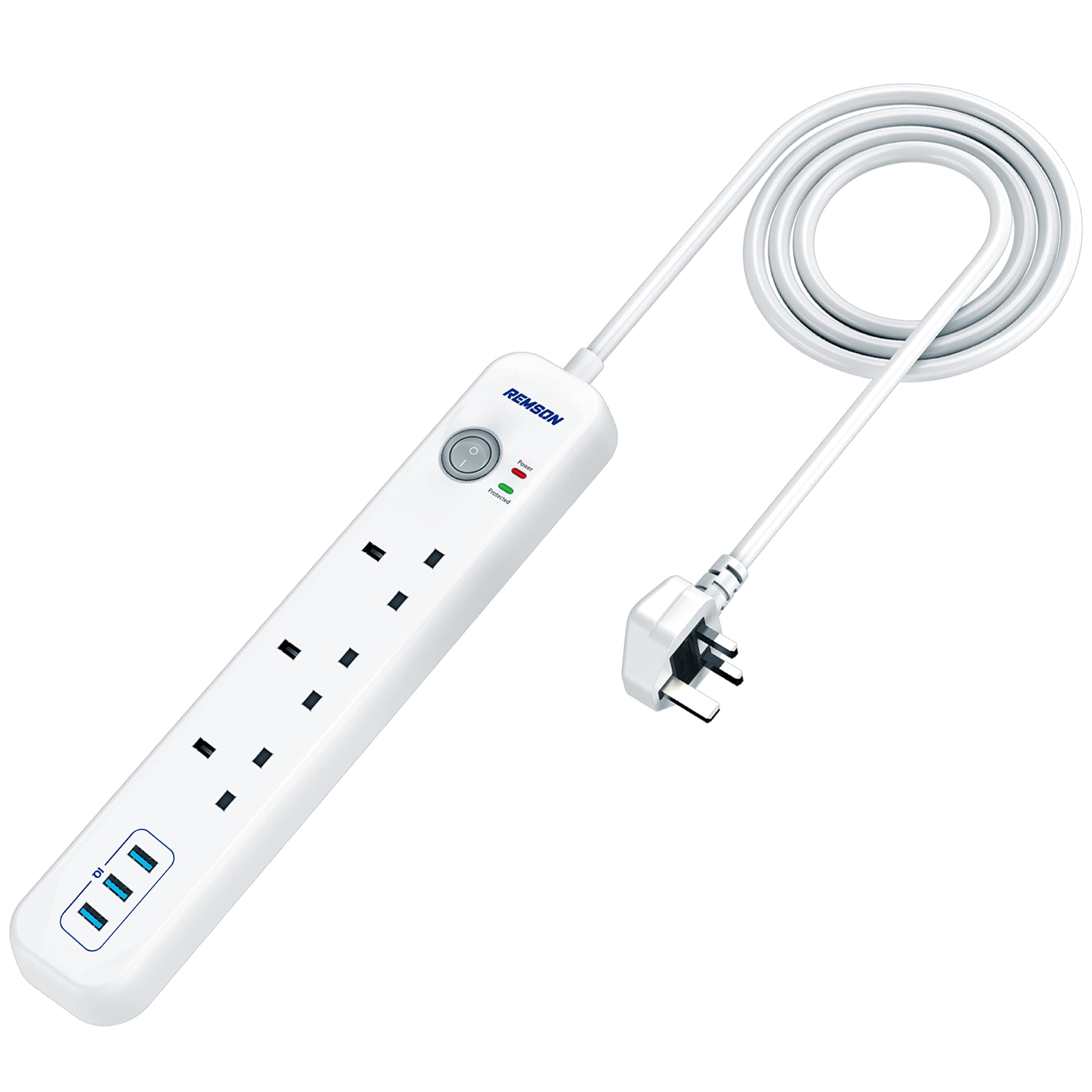 Remson Essential USB Surge Protector 6 Way 3 USB Ports + 3 AC Outlets Fast Charging 13A Power Strip With 3M Cable Length