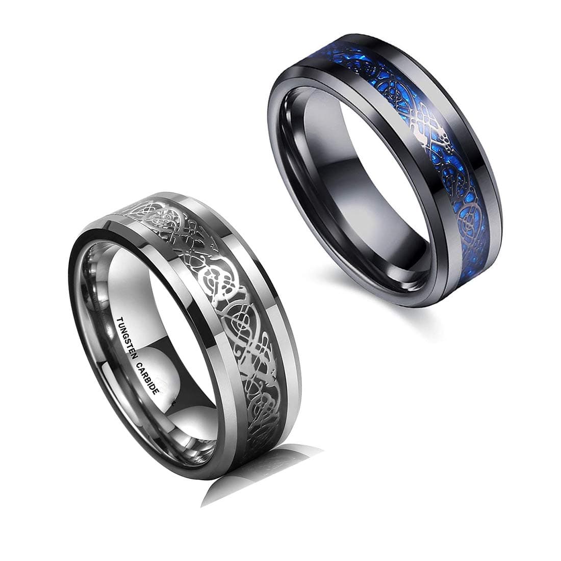 2 Rings for Men 2 Pcs Combo Dragon Celtic Inlay Polish Finish Titanium Steel Black and Blue Rings for Men & Boys