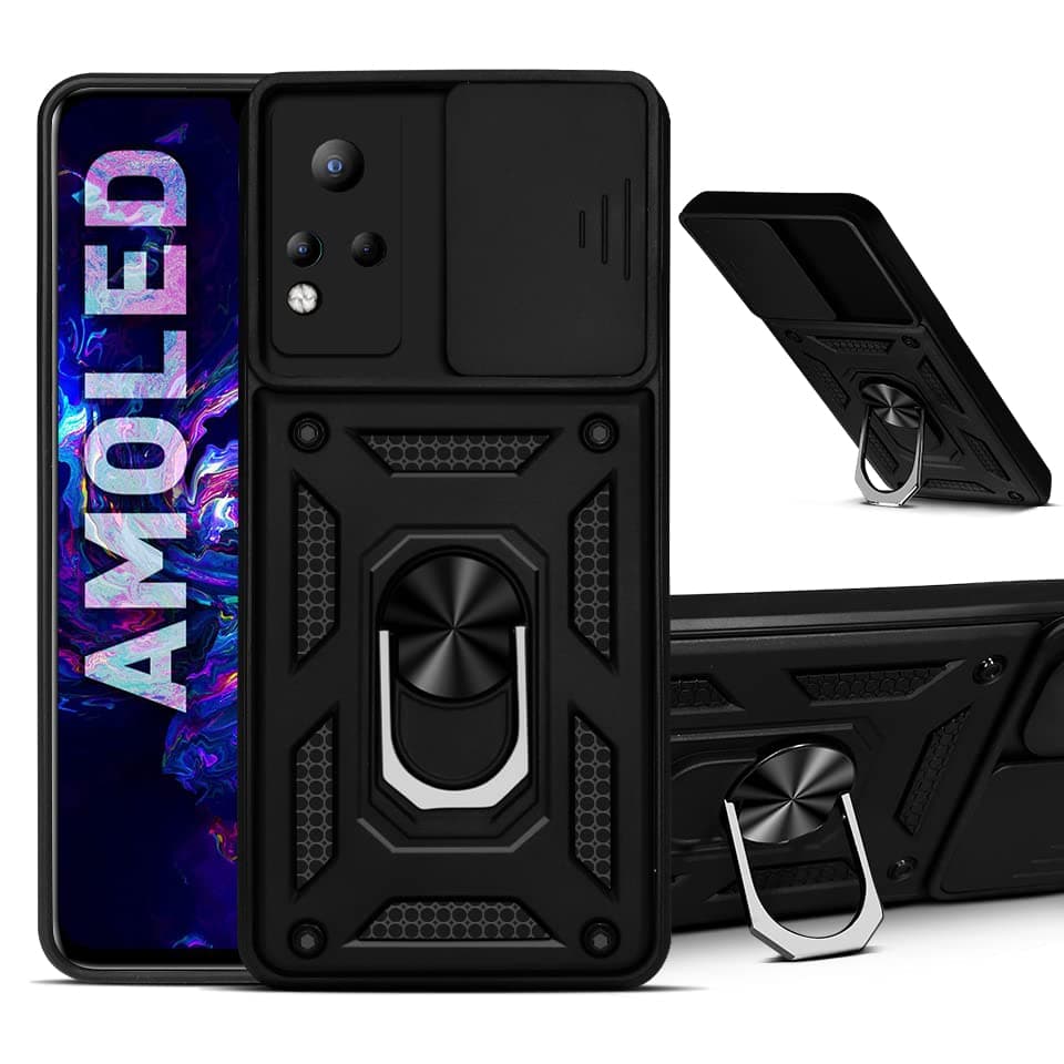 Jkobi Plastic Back Cover Case for Infinix Note 11 (Tough Hybrid Armor | Ring Holder & Kickstand in-Built | Sliding Shutter Camera Protection | 360 Degree Protection | Carbon Black)