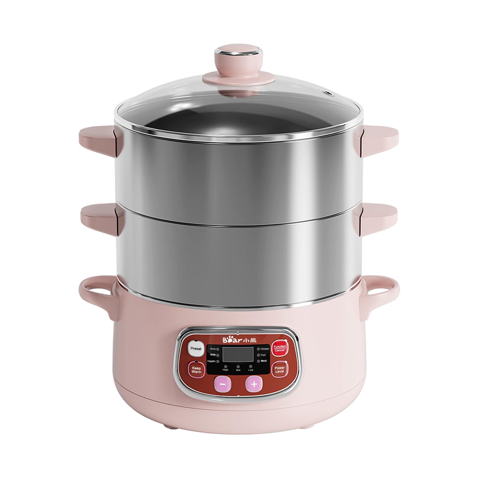 Bar Bear Electric Multifunctional Food Steamer,one Touch Digital Steamer with Timer, Vegetable Steamer 2 Tiered Stackable Stainless Baskets, Auto Shut-Off Anti-Dry Protection, 8.5quart, Steel, Pink