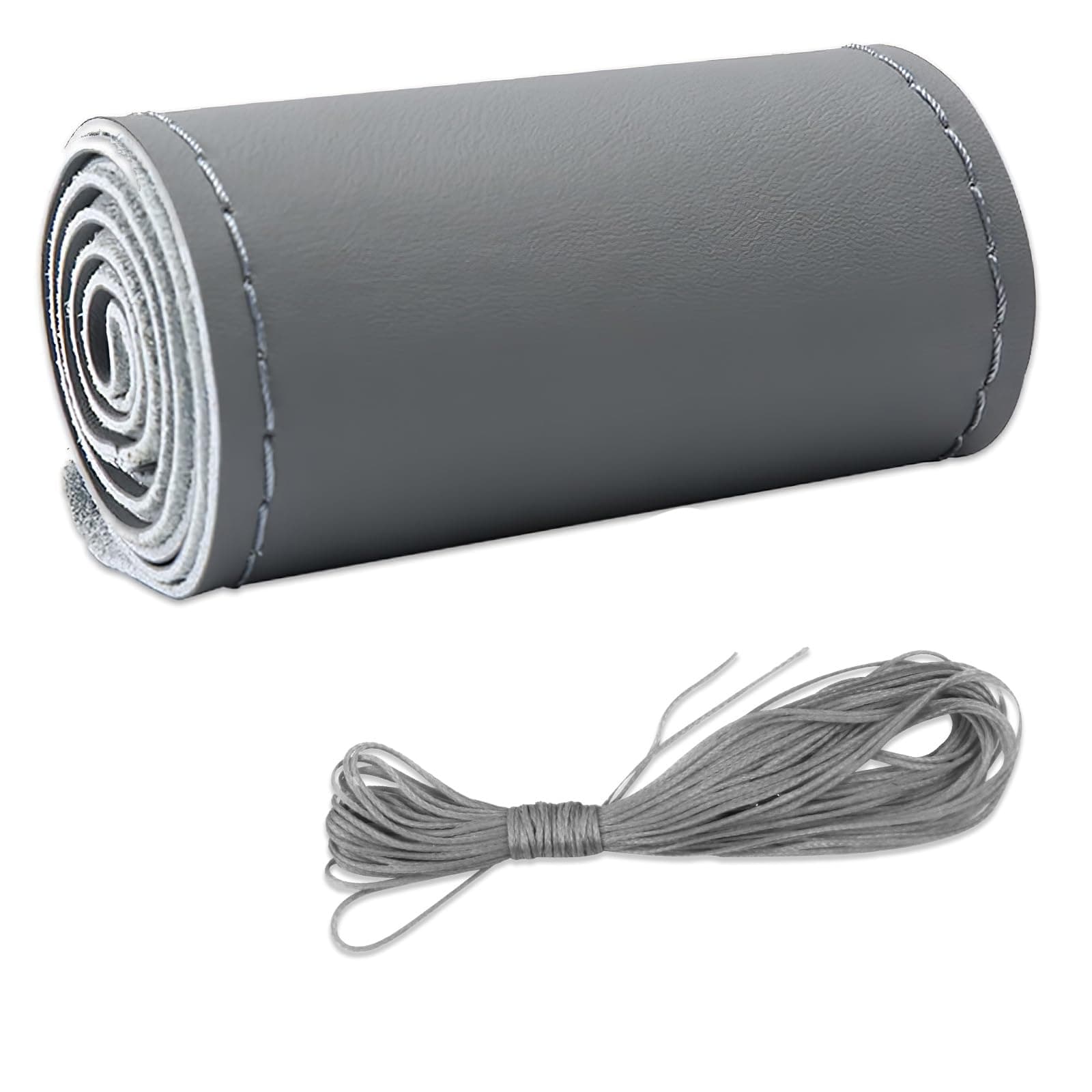 Leather Steering Wheel Cover, DIY Sewing with Needle & Thread, Breathable Anti-Slip Car Steering Wheel Protector, Universal 15 Inch Auto Steering Wheel Stitch on Wrap (Grey, Glossy)