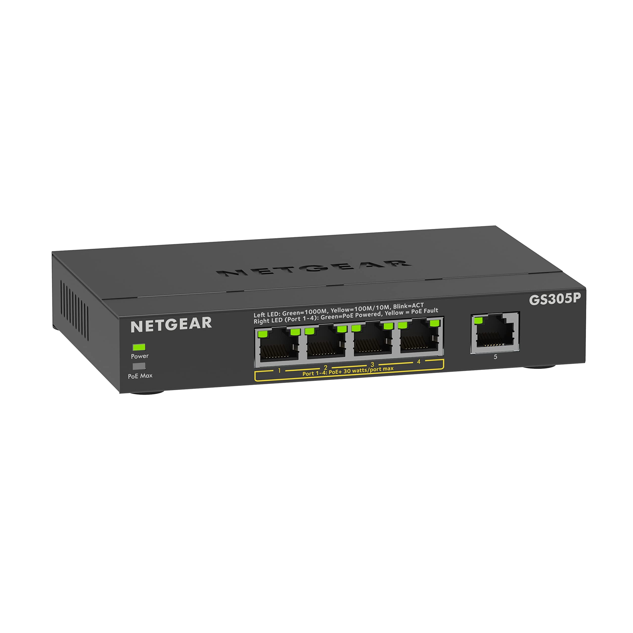 NETGEAR PoE Switch 5 Port Gigabit Ethernet Plus Network Switch (GS305PV3) - with 4 x PoE+ @ 63W - Desktop or Wall Mount