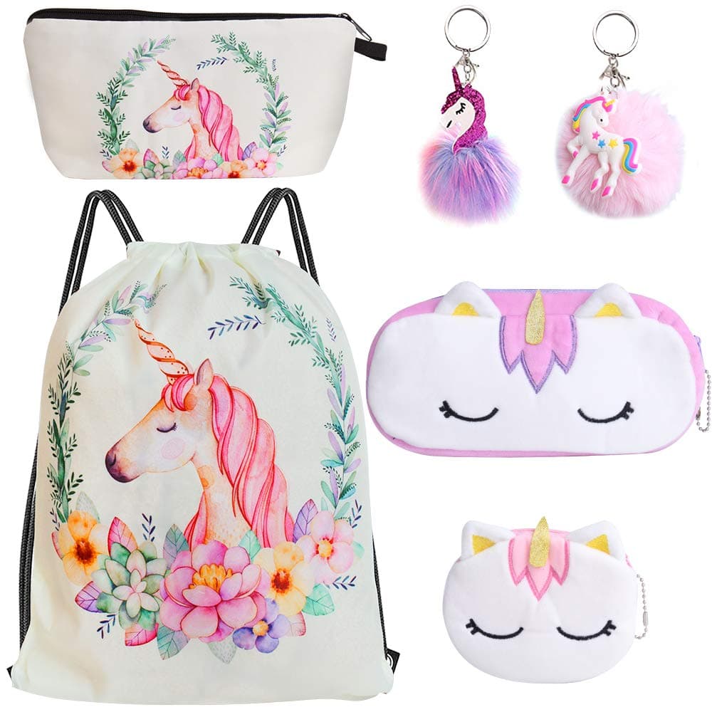 Standie 6PCS Drawstring Backpack for Unicorn Gift for Girls Include Makeup Bag Coin Purse Keychain Set for Party